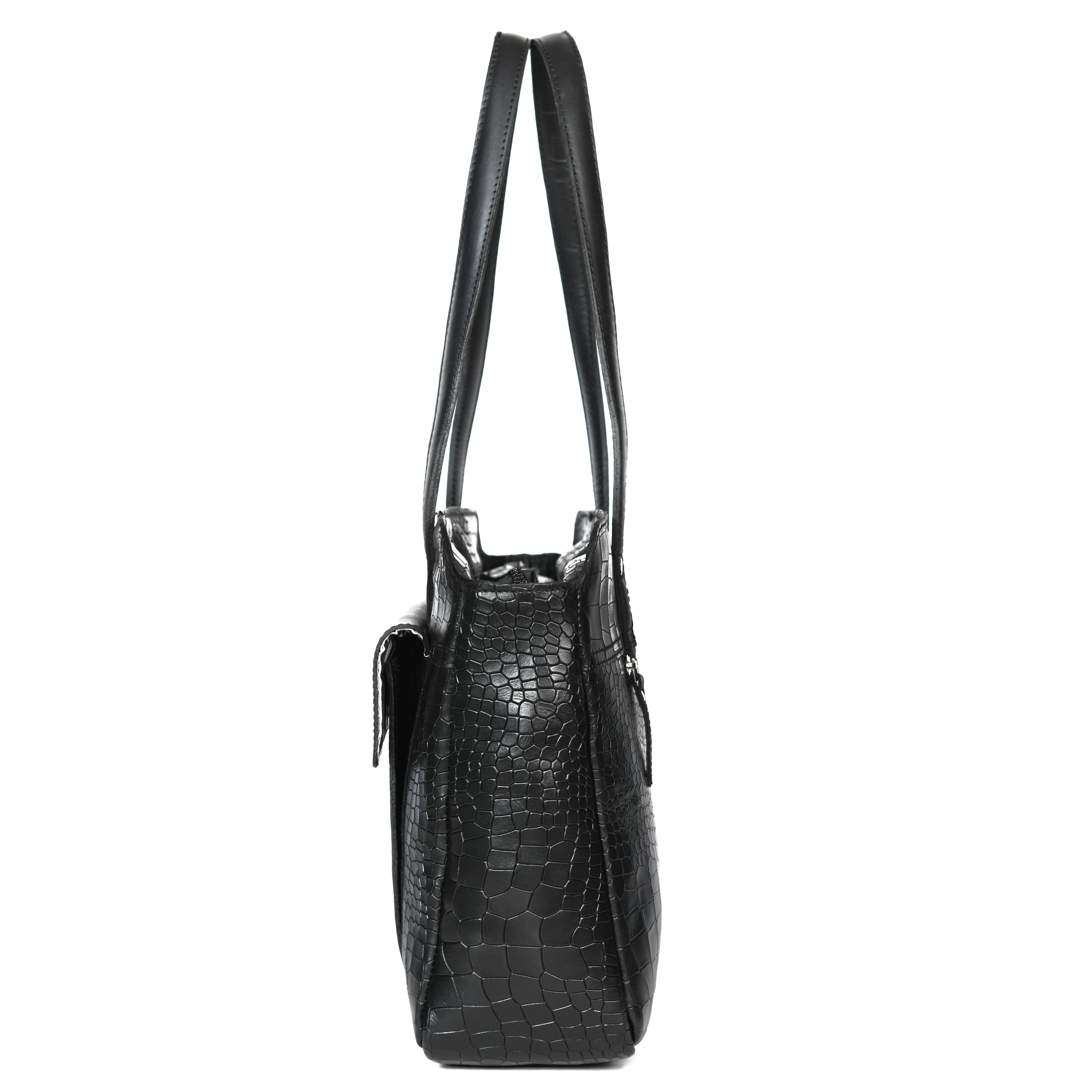 Premium Genuine Croc-Embossed Leather Tote Bag with Zip Compartments & Long Shoulder Straps - Image 21