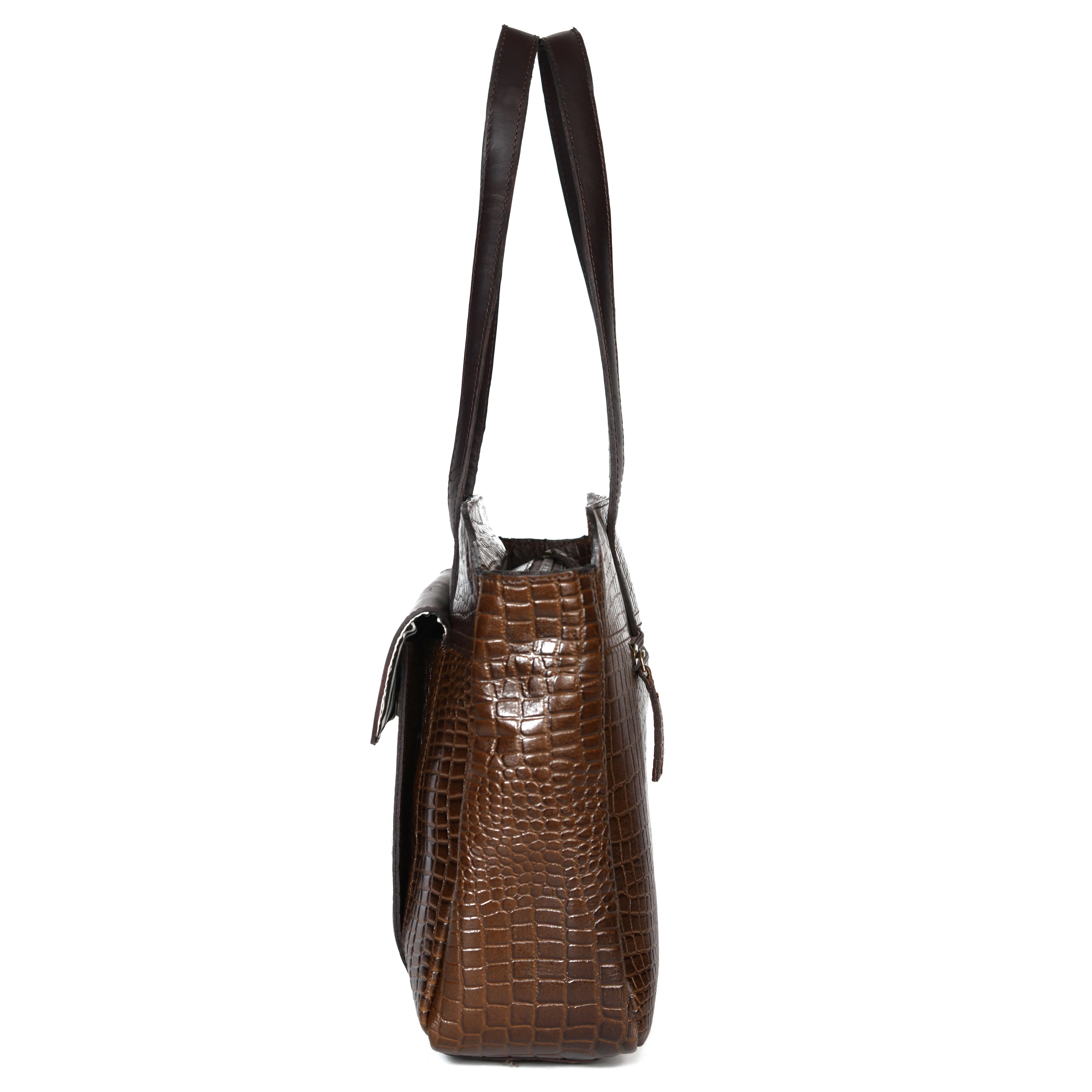 Premium Genuine Croc-Embossed Leather Tote Bag with Zip Compartments & Long Shoulder Straps - Image 22
