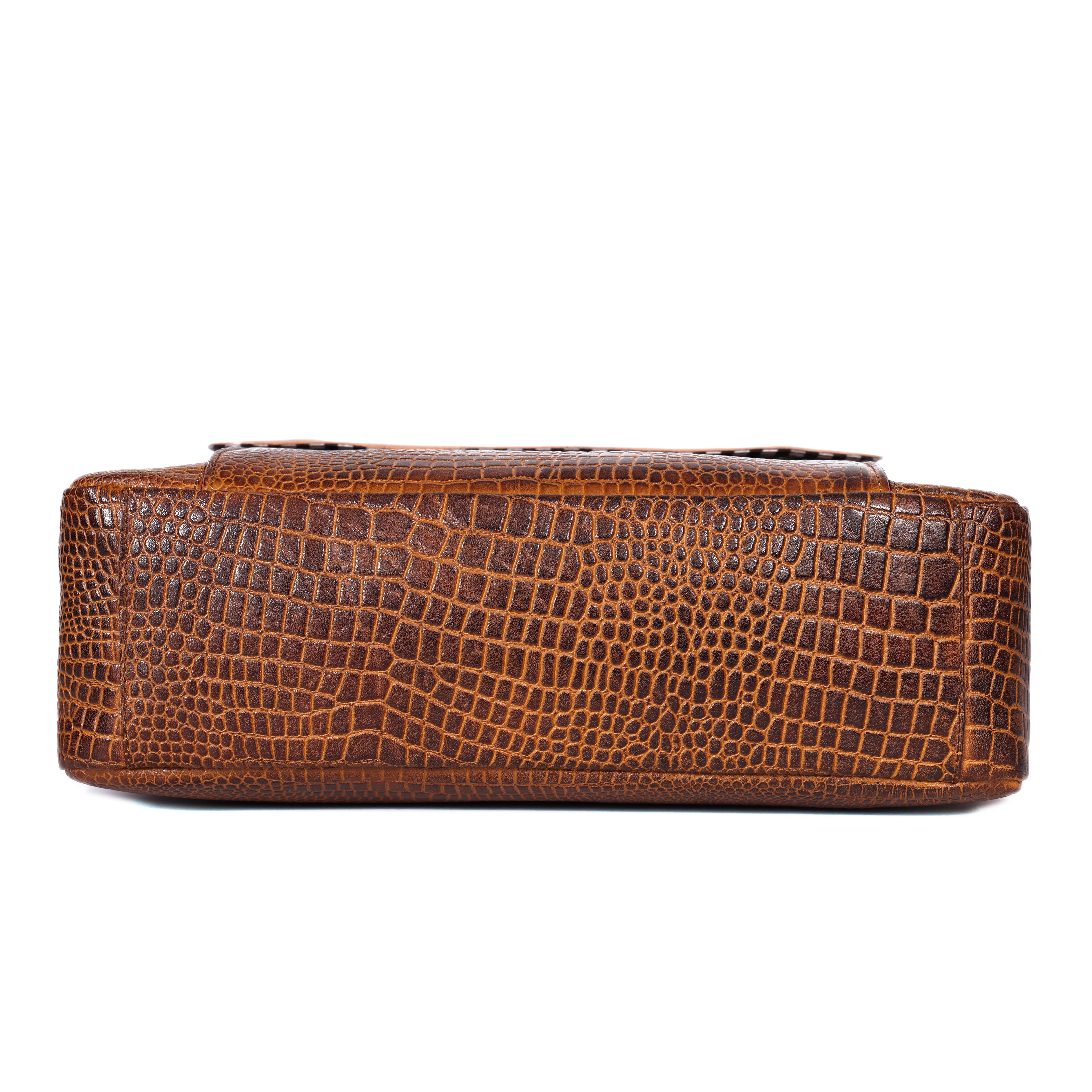 Premium Genuine Croc-Embossed Leather Tote Bag with Zip Compartments & Long Shoulder Straps - Image 23