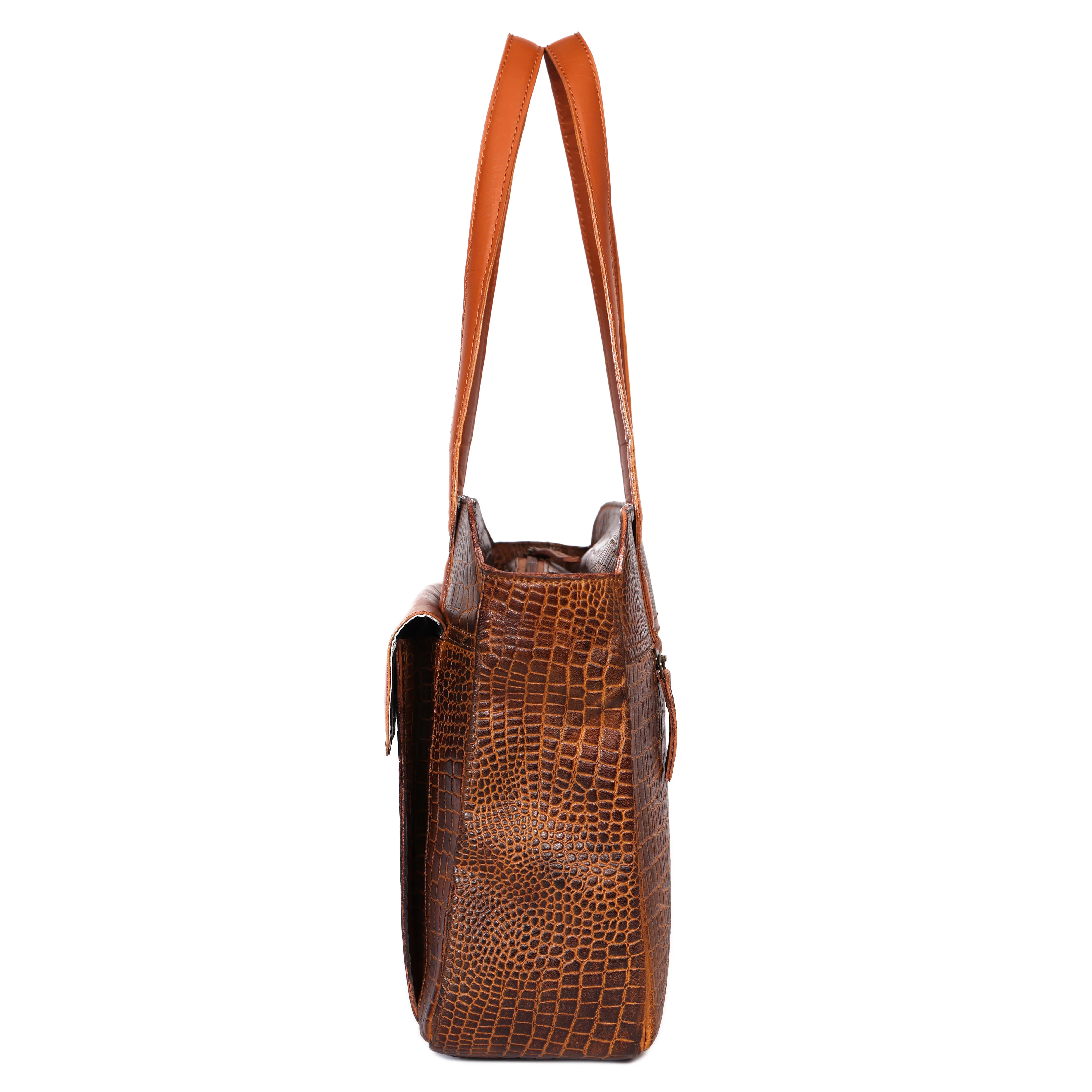 Premium Genuine Croc-Embossed Leather Tote Bag with Zip Compartments & Long Shoulder Straps - Image 24