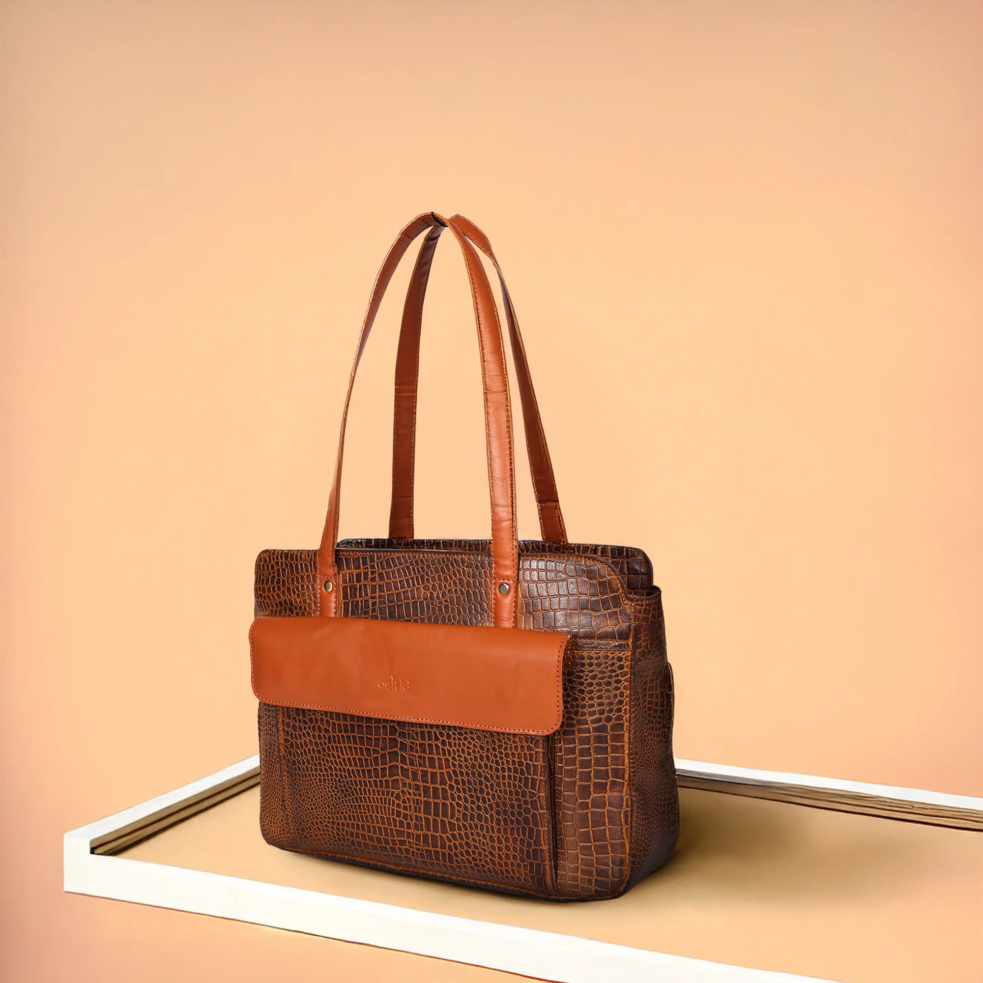 Premium Genuine Croc-Embossed Leather Tote Bag with Zip Compartments & Long Shoulder Straps - Image 3