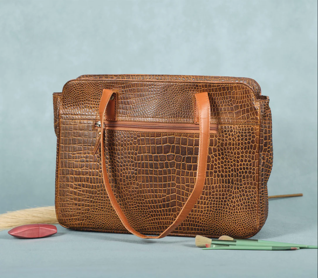 Premium Genuine Croc-Embossed Leather Tote Bag with Zip Compartments & Long Shoulder Straps - Image 4