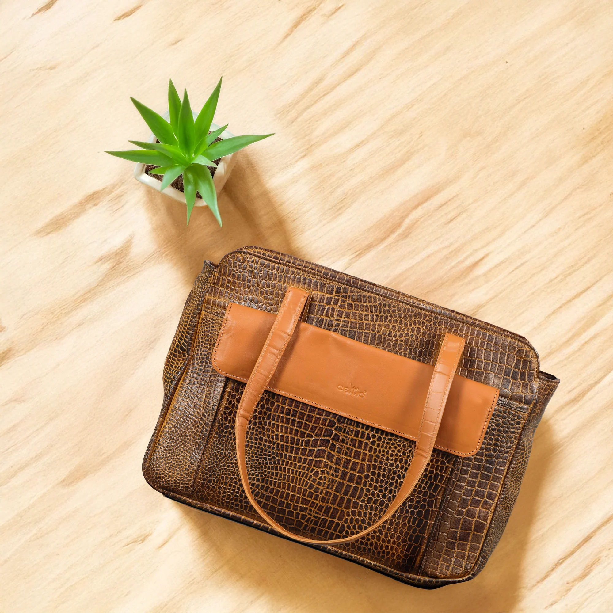 Premium Genuine Croc-Embossed Leather Tote Bag with Zip Compartments & Long Shoulder Straps - Image 5