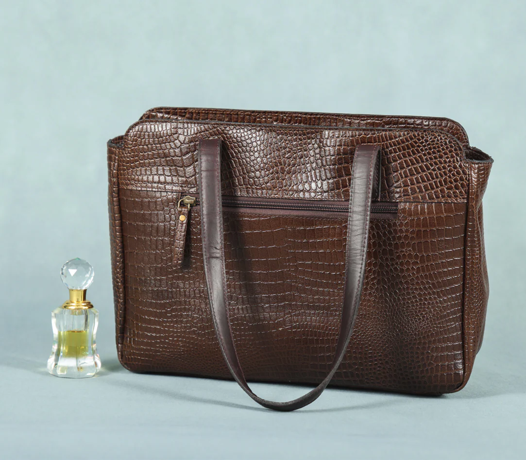 Premium Genuine Croc-Embossed Leather Tote Bag with Zip Compartments & Long Shoulder Straps - Image 6