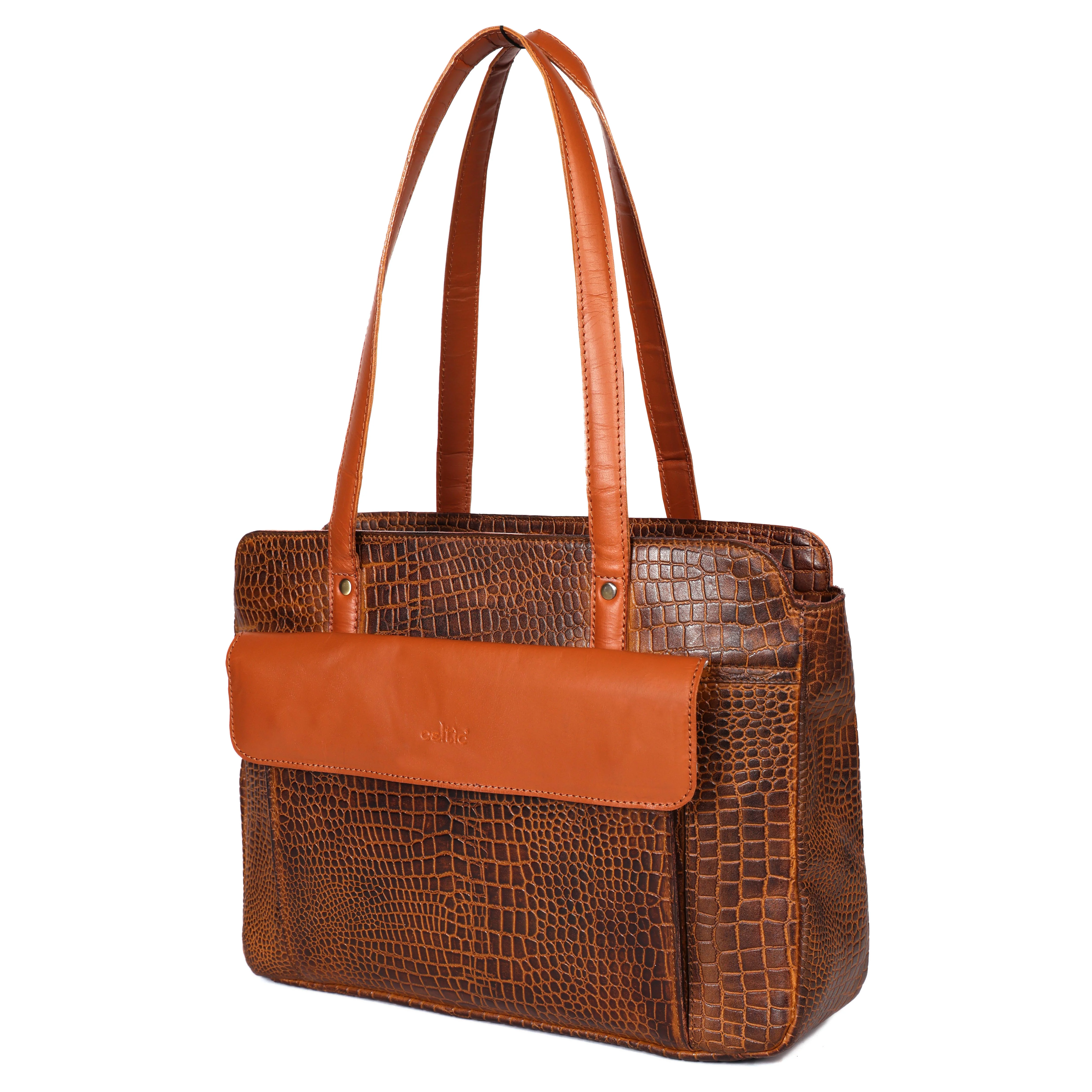 Premium Genuine Croc-Embossed Leather Tote Bag with Zip Compartments & Long Shoulder Straps - Image 7
