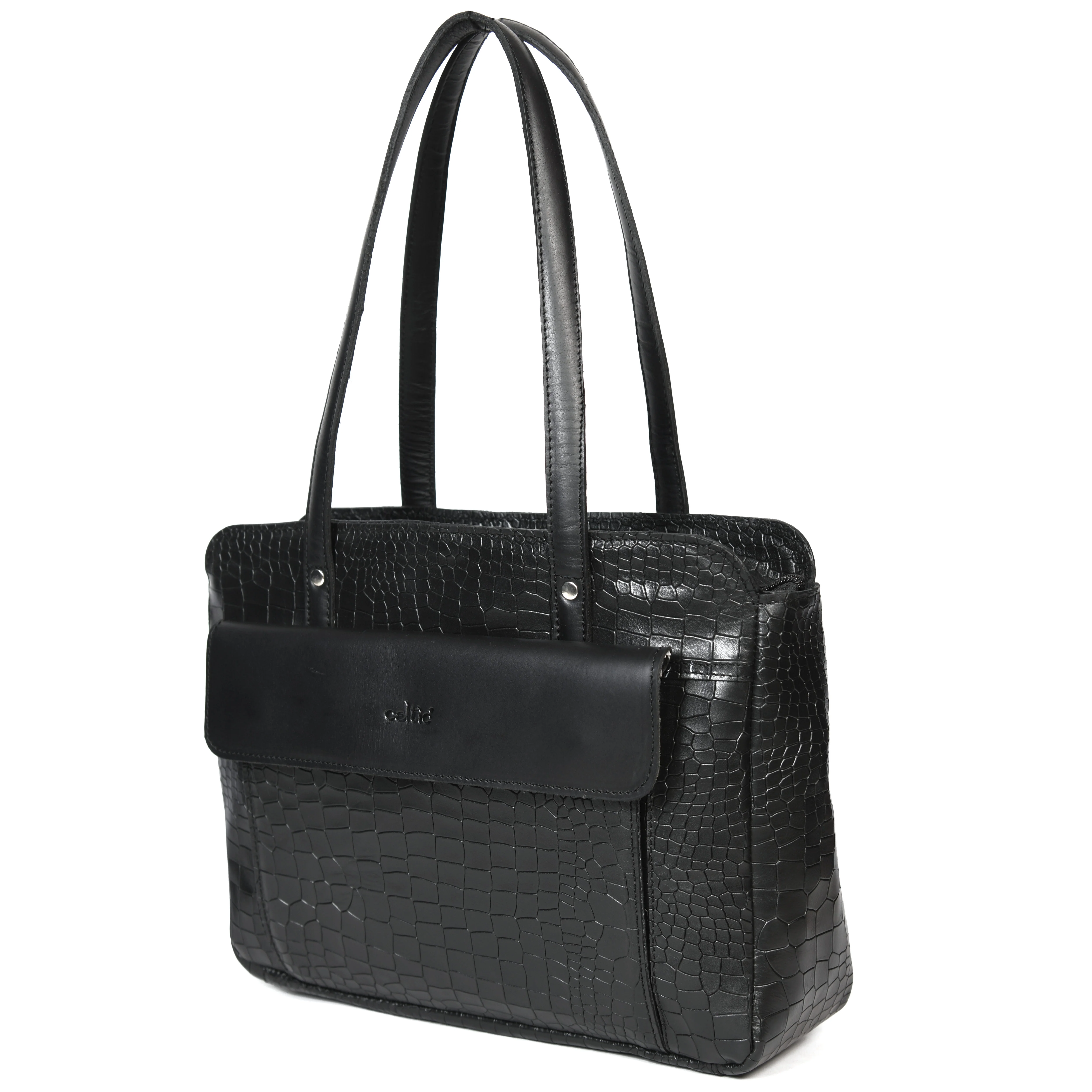 Premium Genuine Croc-Embossed Leather Tote Bag with Zip Compartments & Long Shoulder Straps - Image 8