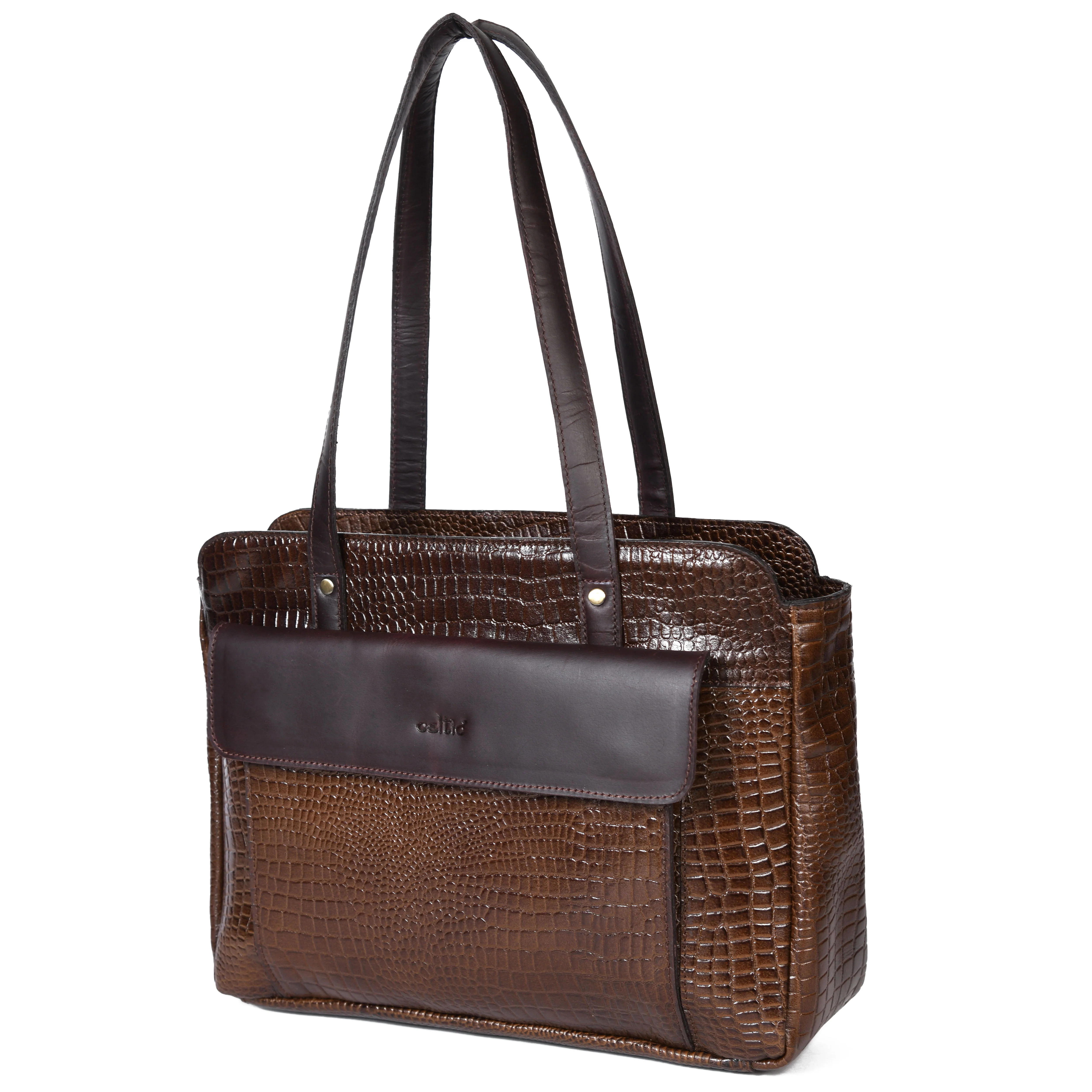 Premium Genuine Croc-Embossed Leather Tote Bag with Zip Compartments & Long Shoulder Straps - Image 9