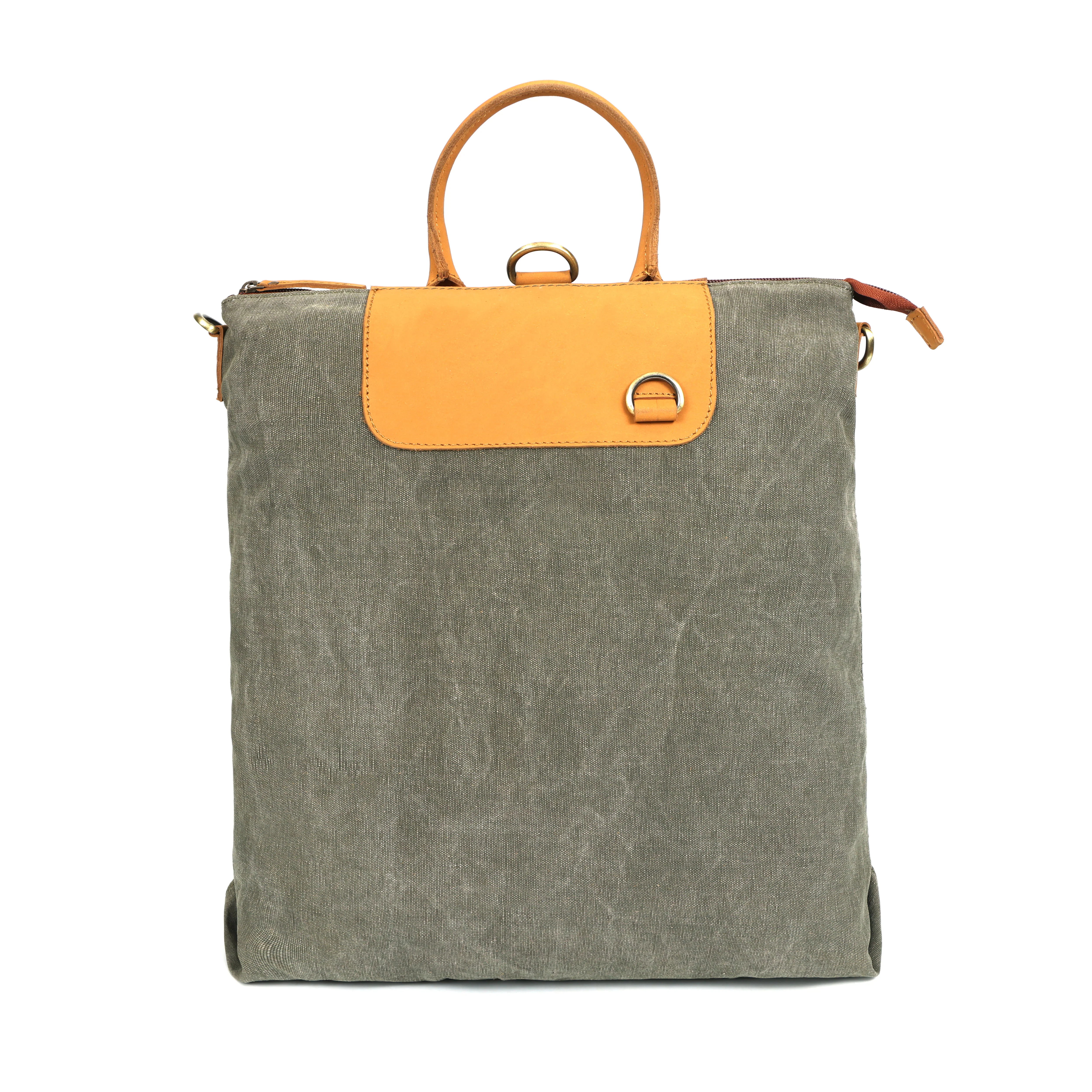 Premium Genuine Leather& Canvas Convertible Backpack Tote with Zip Closure & Adjustable Strap - Image 6