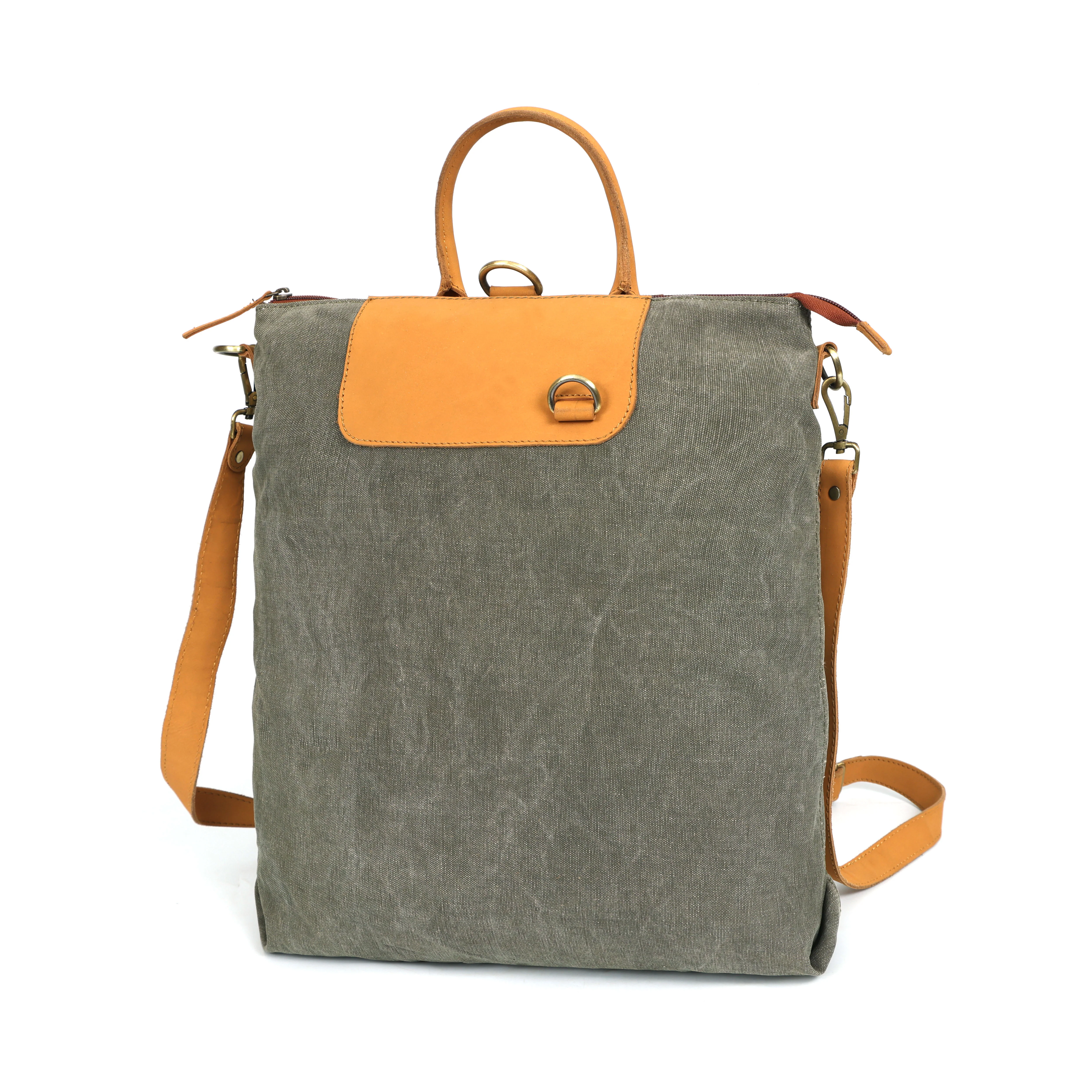 Premium Genuine Leather& Canvas Convertible Backpack Tote with Zip Closure & Adjustable Strap - Image 7