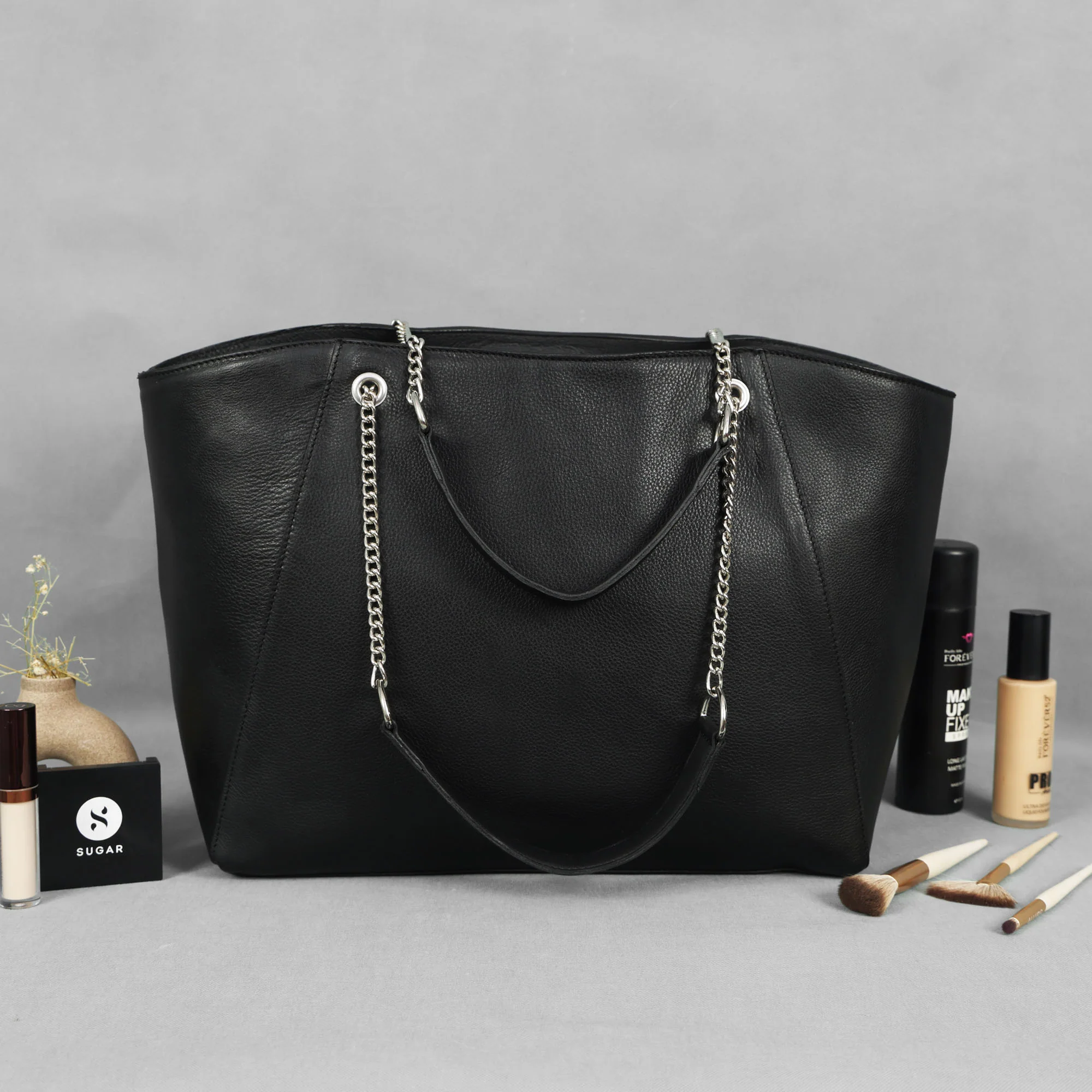 Premium Export Quality Black Leather Tote Bag with Chain Handles & Zip Closure