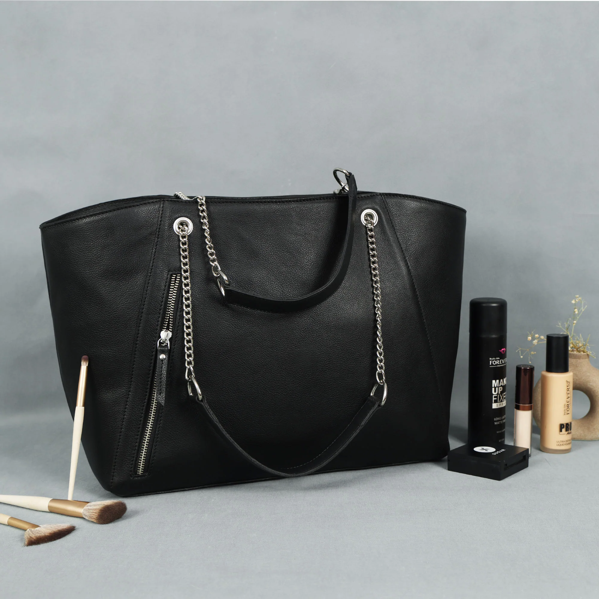 Premium Export Quality Black Leather Tote Bag with Chain Handles & Zip Closure - Image 10