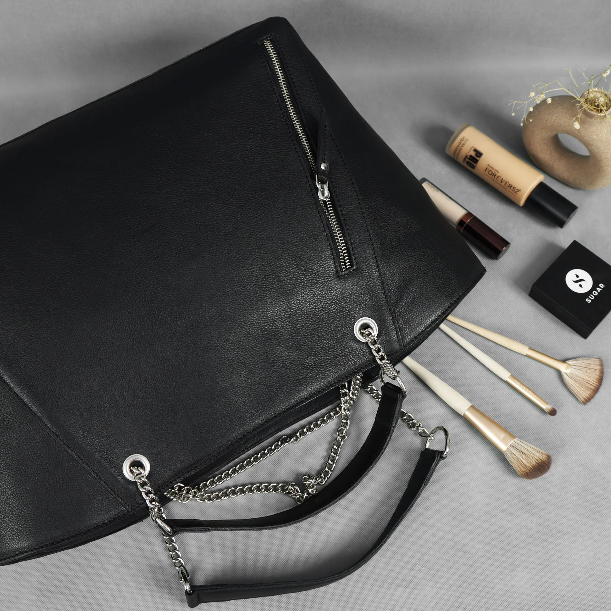 Premium Export Quality Black Leather Tote Bag with Chain Handles & Zip Closure - Image 11