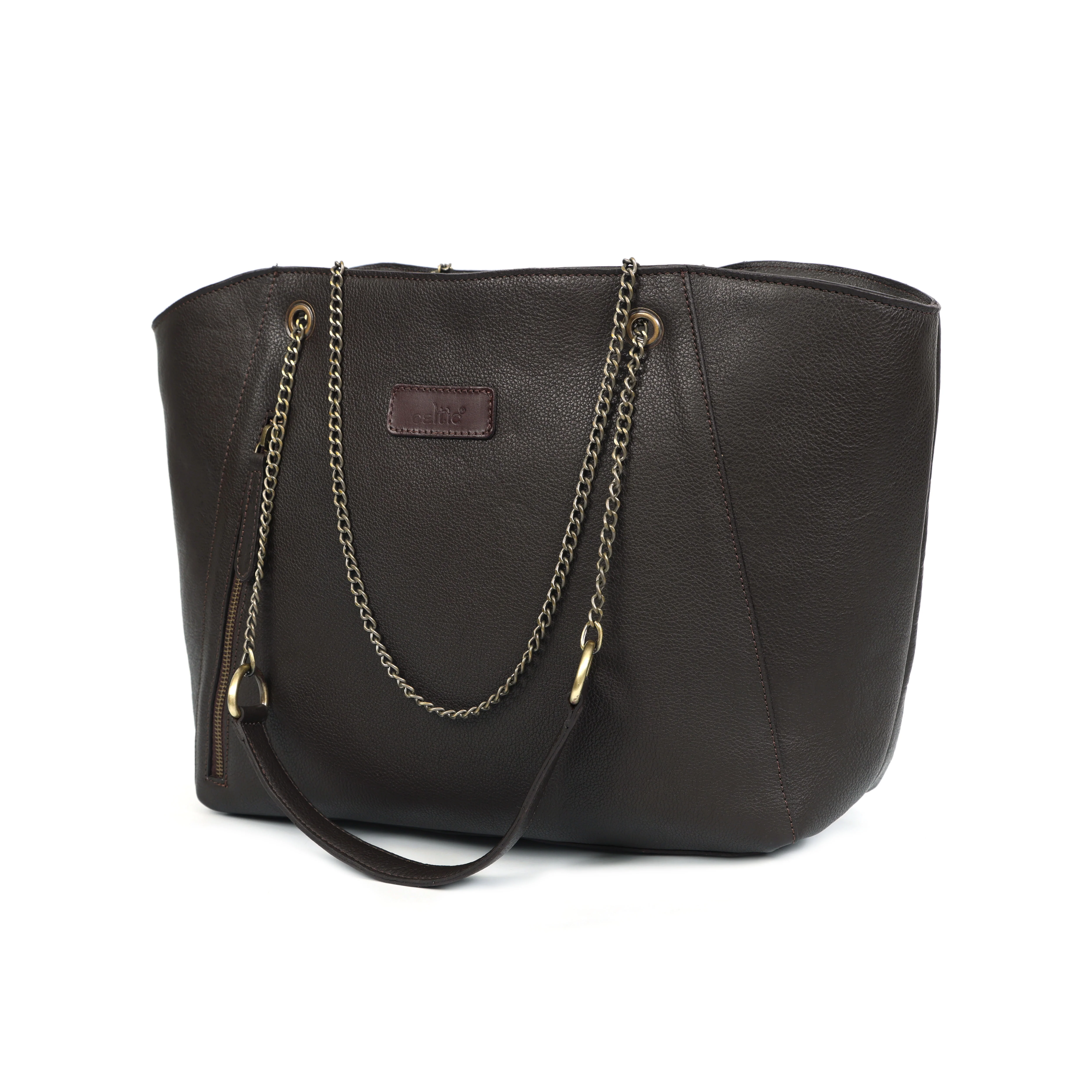 Premium Export Quality Black Leather Tote Bag with Chain Handles & Zip Closure - Image 12
