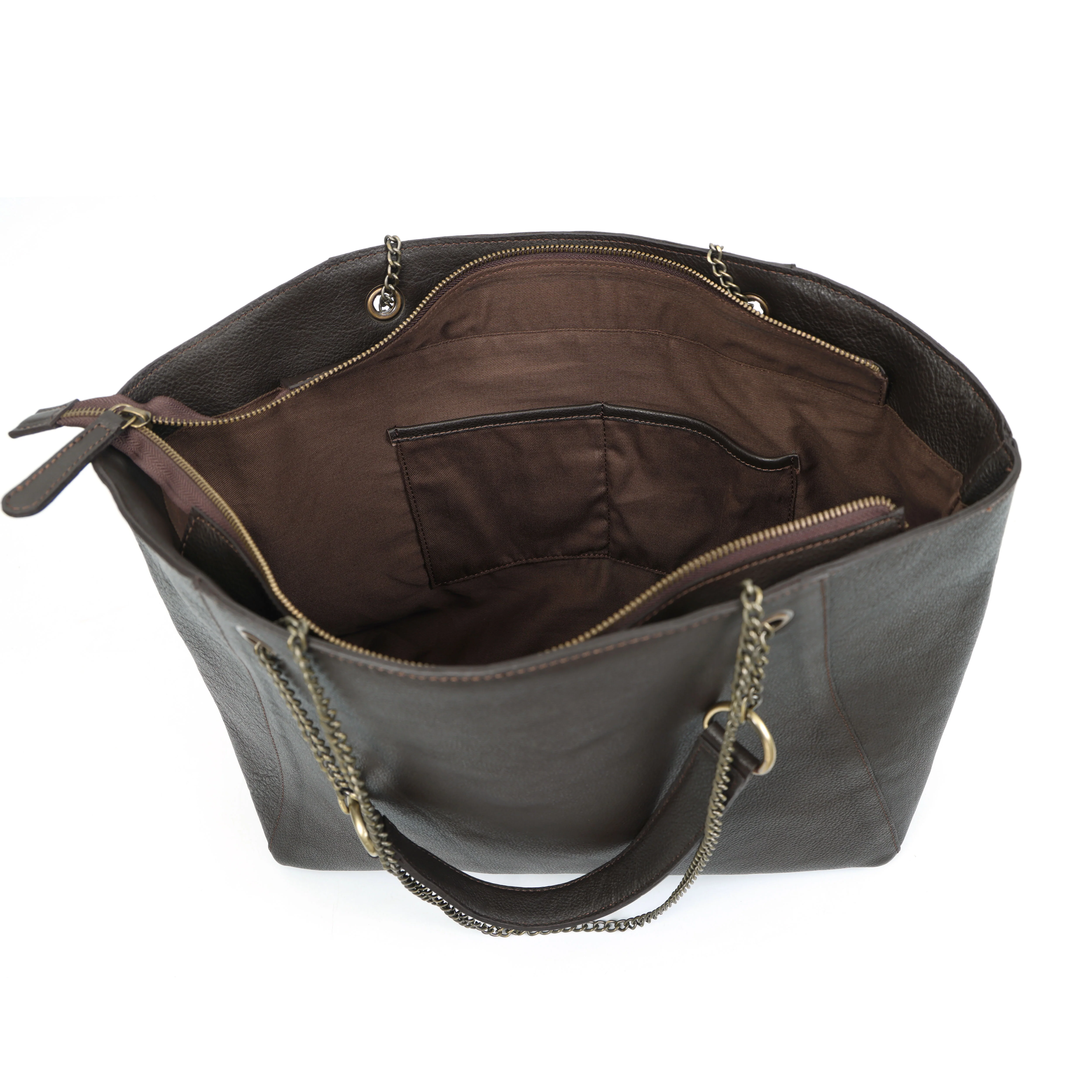 Premium Export Quality Black Leather Tote Bag with Chain Handles & Zip Closure - Image 13