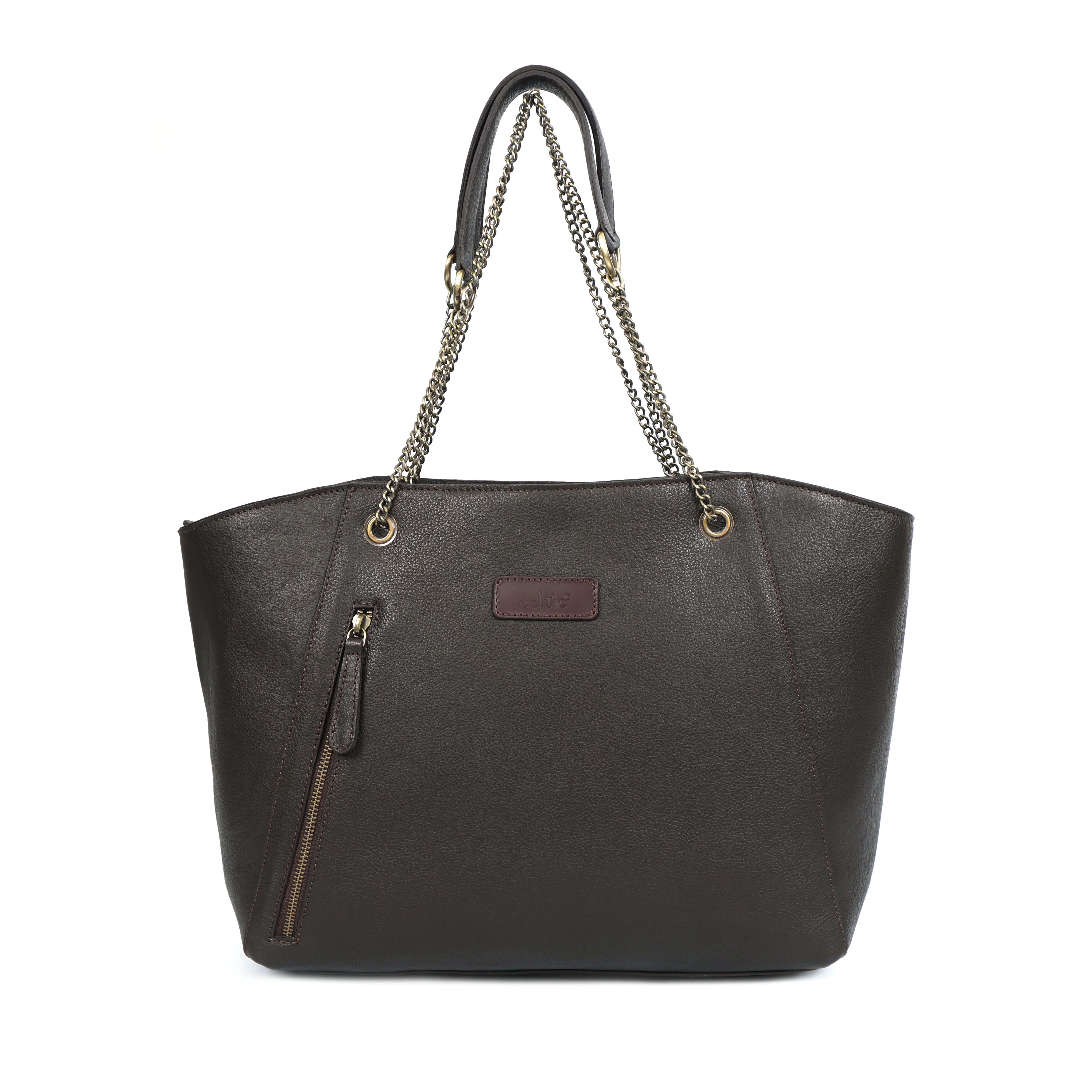 Premium Export Quality Black Leather Tote Bag with Chain Handles & Zip Closure - Image 14
