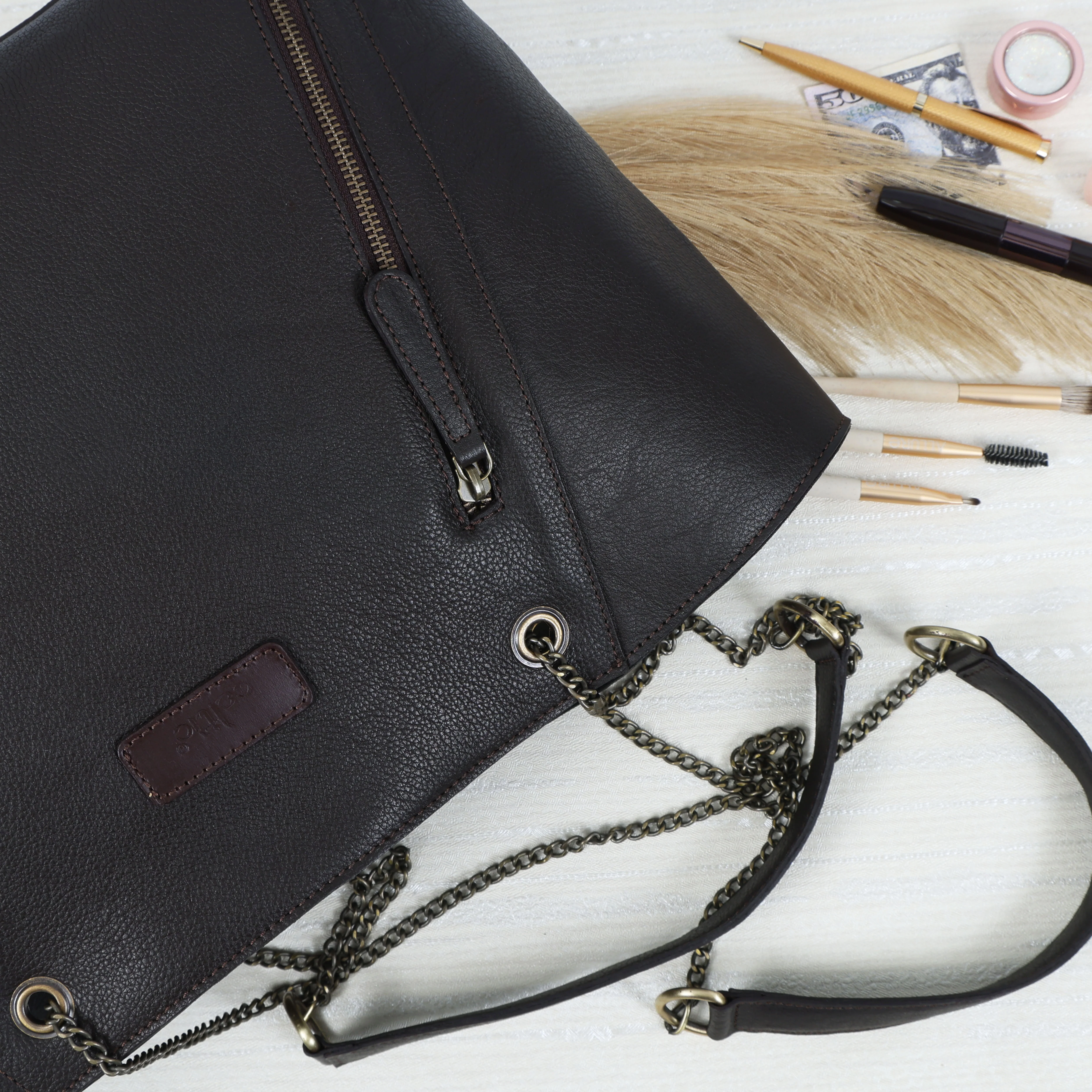 Premium Export Quality Black Leather Tote Bag with Chain Handles & Zip Closure - Image 17