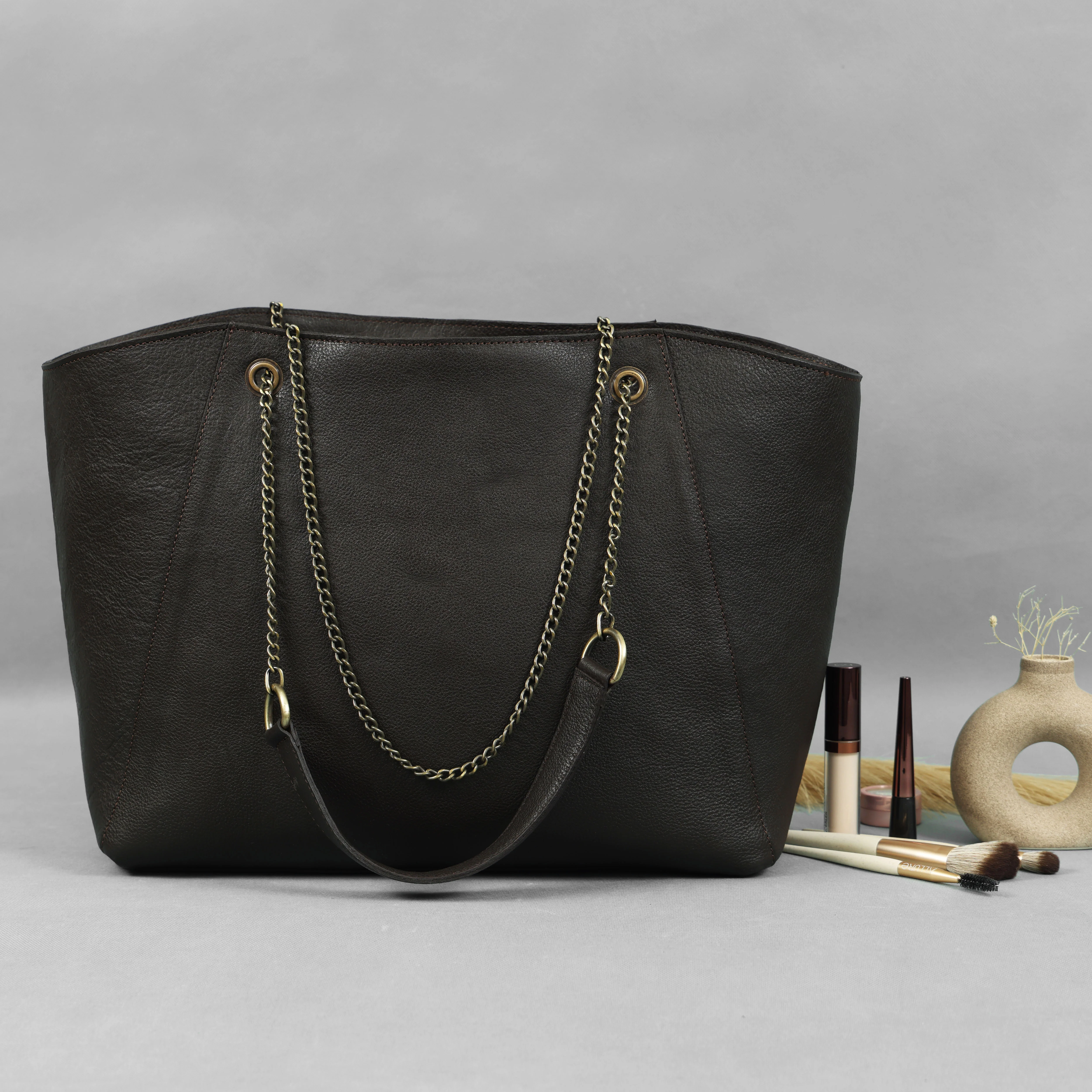Premium Export Quality Black Leather Tote Bag with Chain Handles & Zip Closure - Image 18