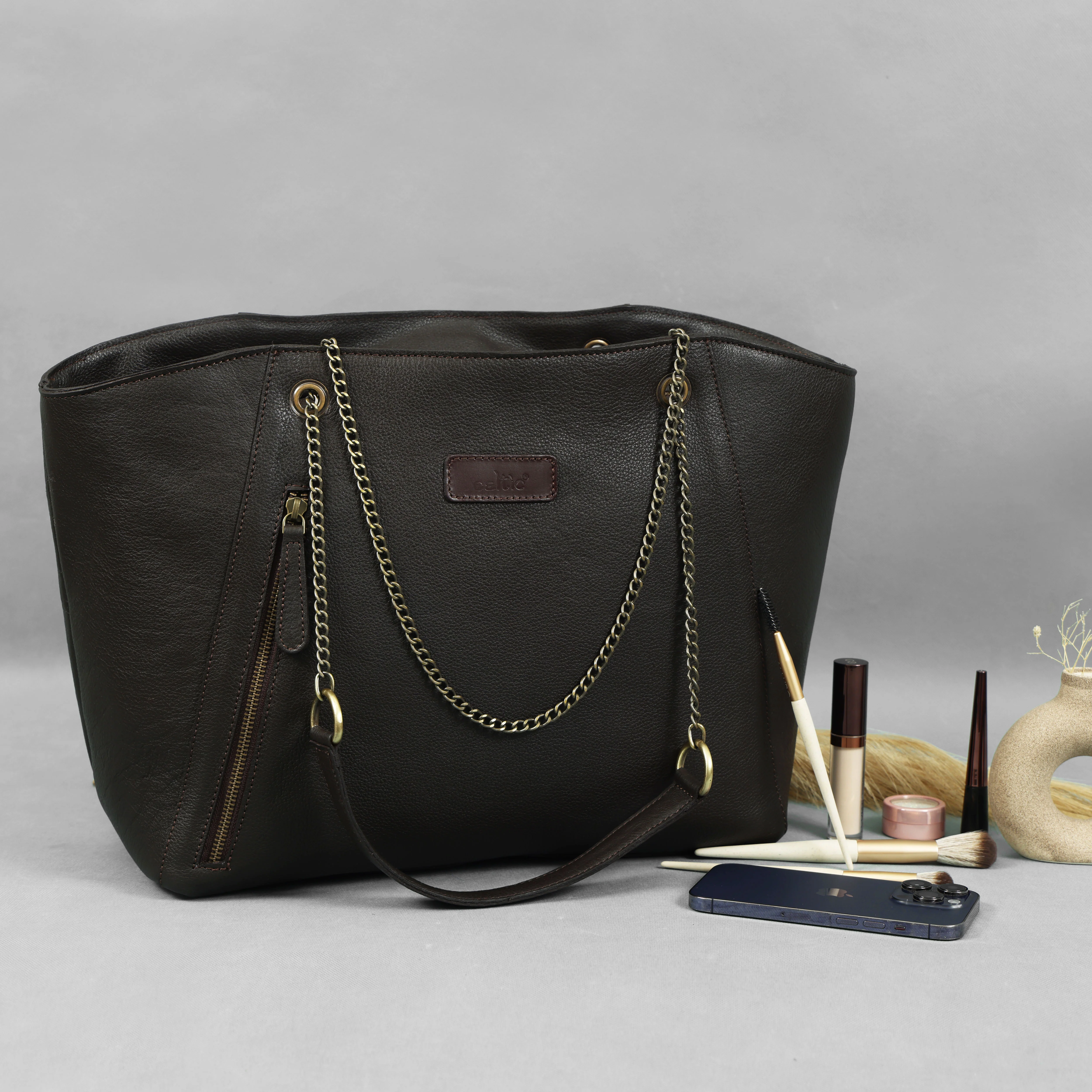 Premium Export Quality Black Leather Tote Bag with Chain Handles & Zip Closure - Image 19