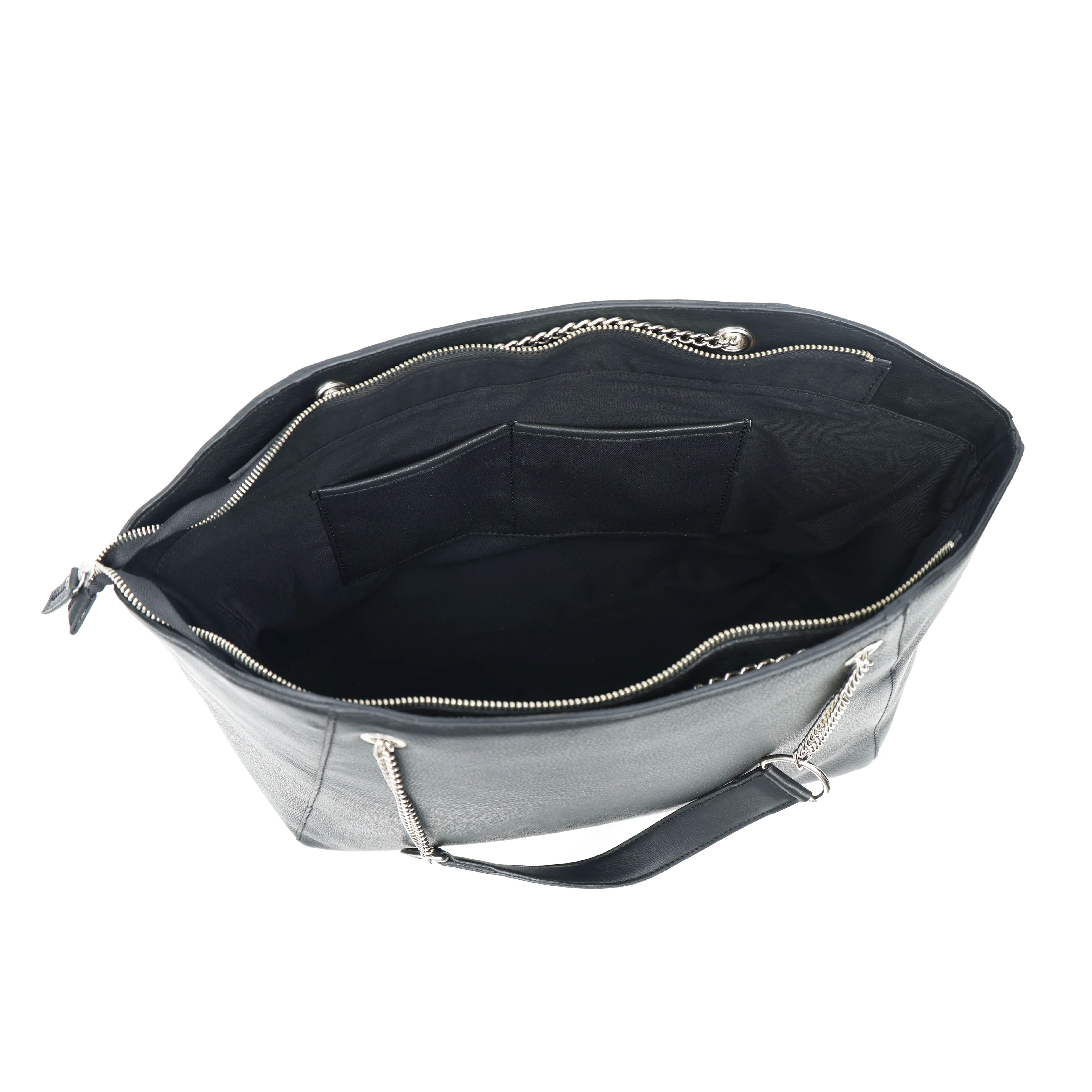 Premium Export Quality Black Leather Tote Bag with Chain Handles & Zip Closure - Image 2