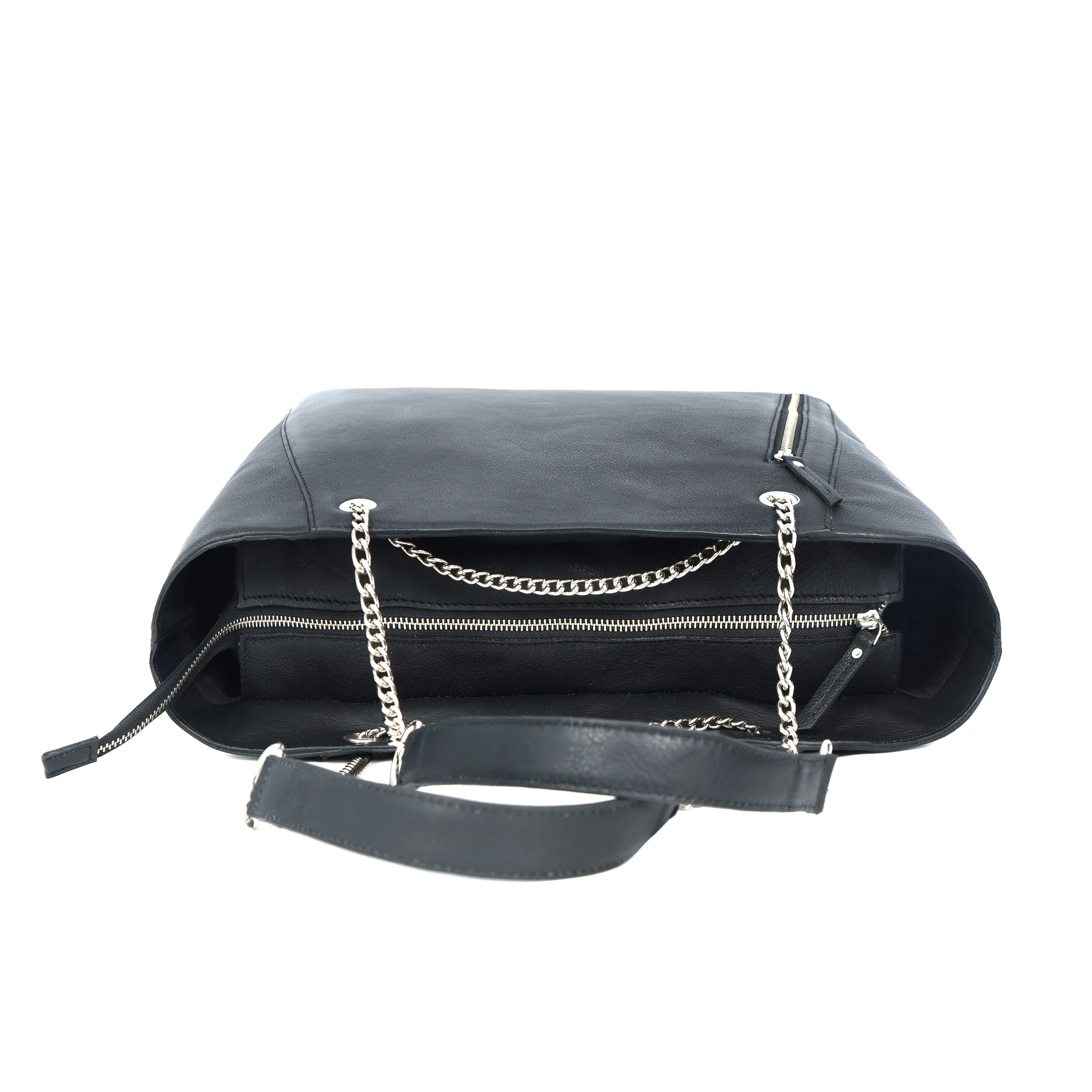 Premium Export Quality Black Leather Tote Bag with Chain Handles & Zip Closure - Image 4