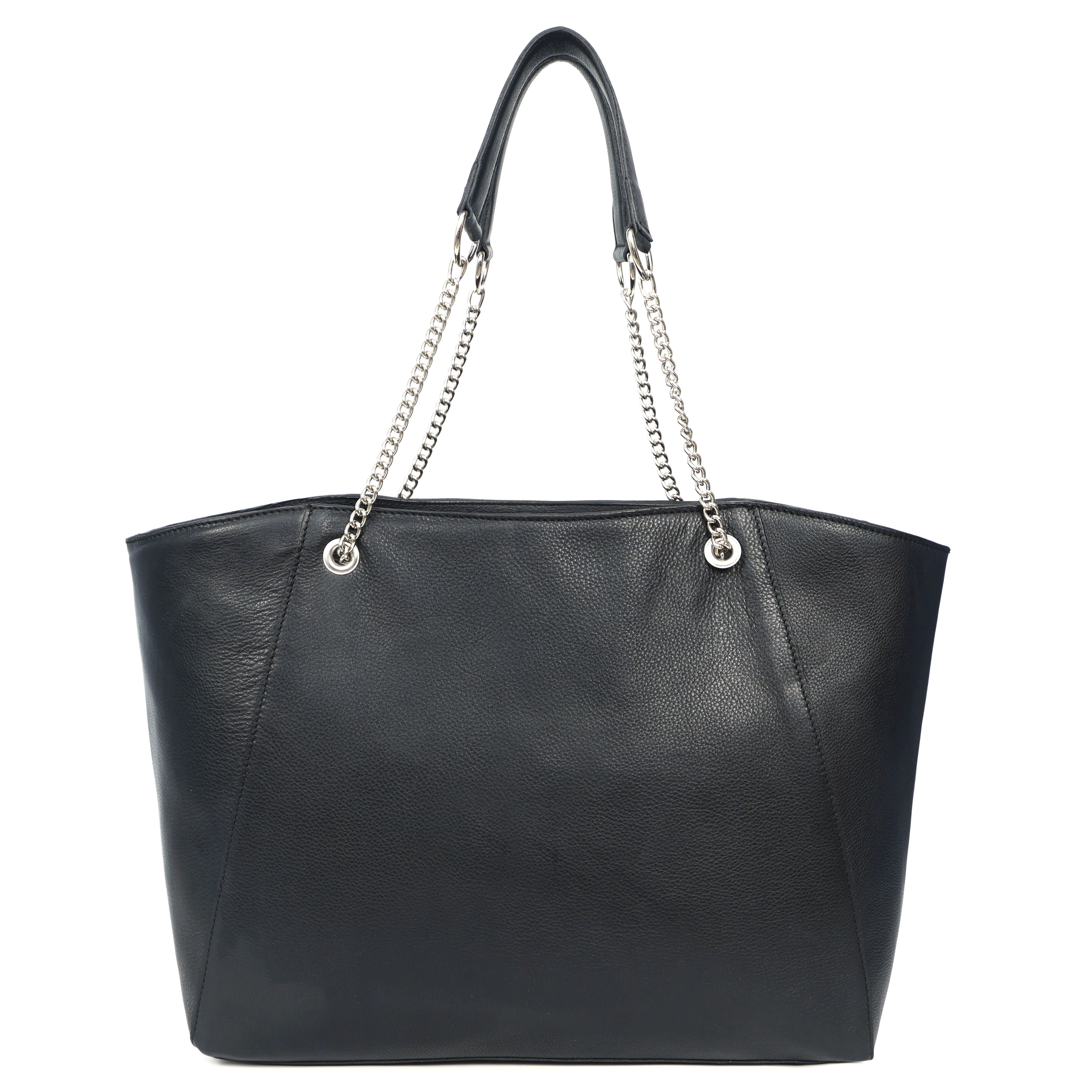 Premium Export Quality Black Leather Tote Bag with Chain Handles & Zip Closure - Image 6