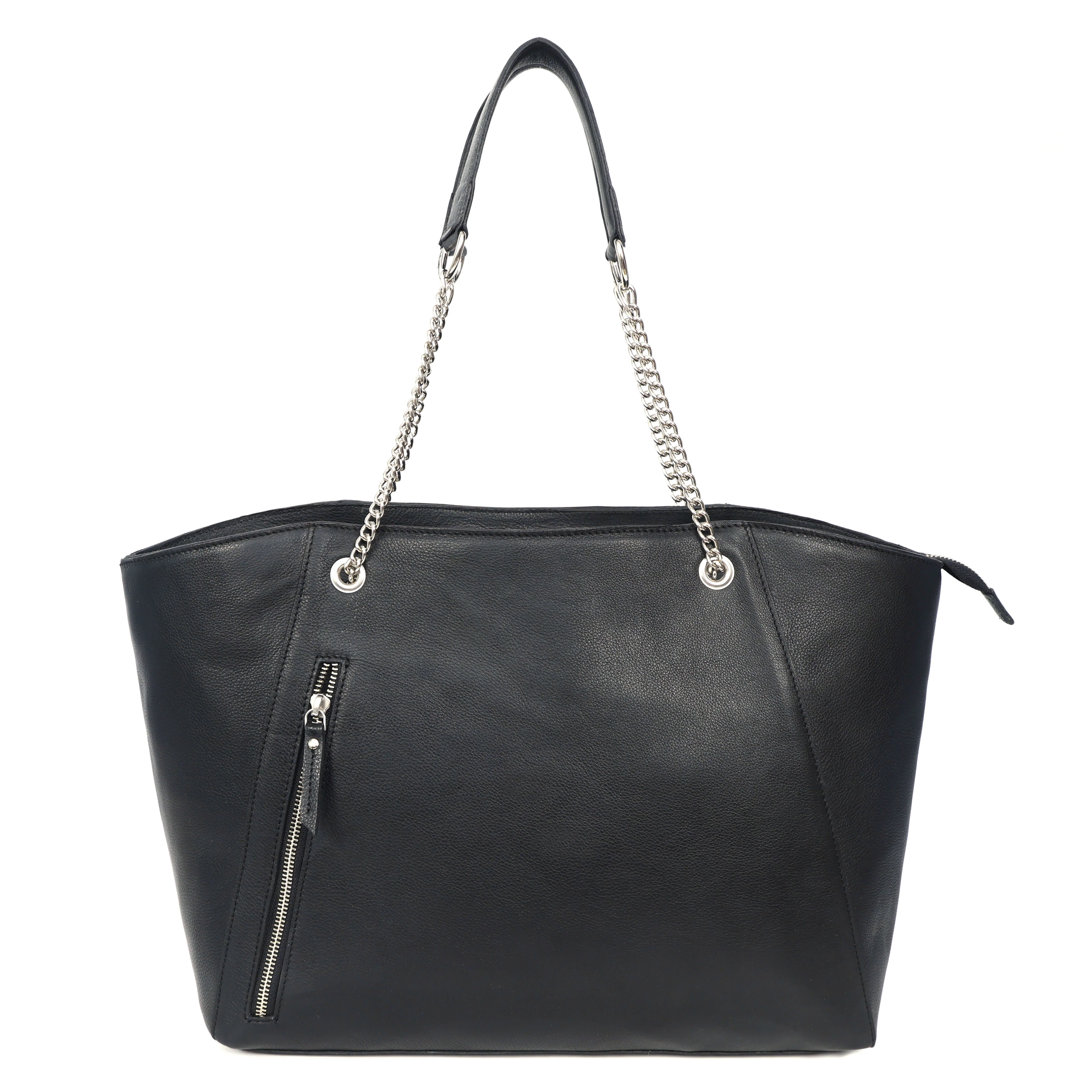 Premium Export Quality Black Leather Tote Bag with Chain Handles & Zip Closure - Image 7