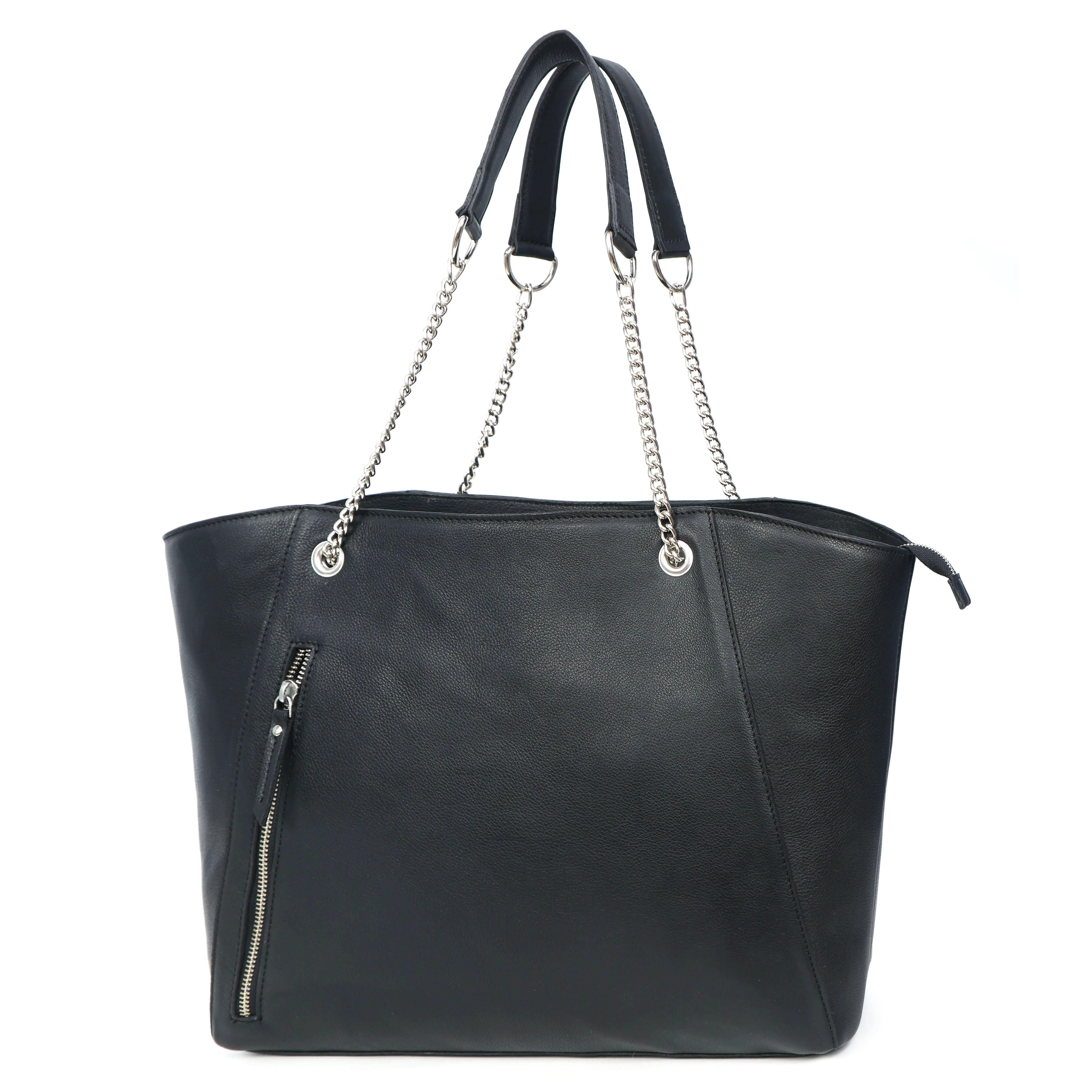 Premium Export Quality Black Leather Tote Bag with Chain Handles & Zip Closure - Image 8