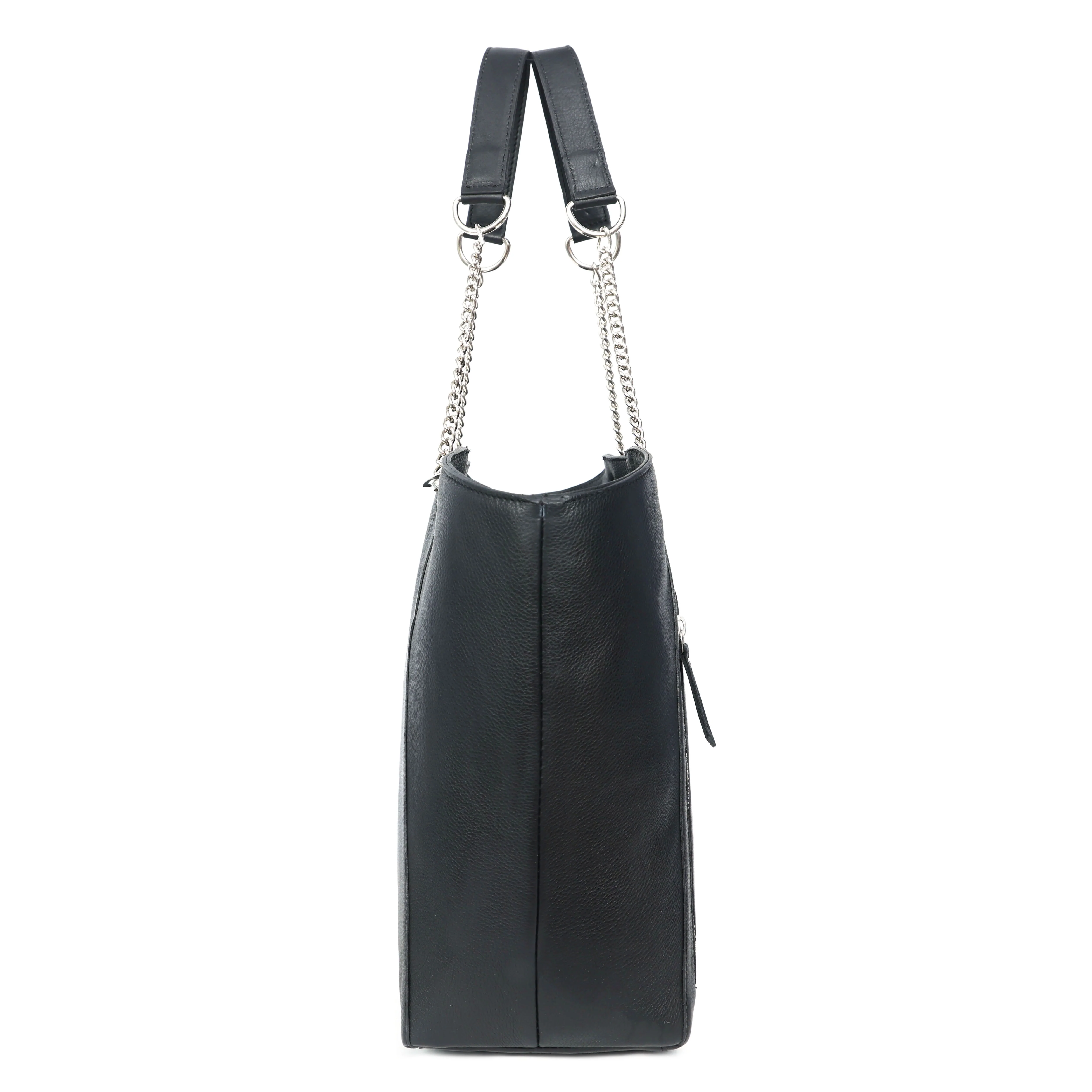 Premium Export Quality Black Leather Tote Bag with Chain Handles & Zip Closure - Image 9