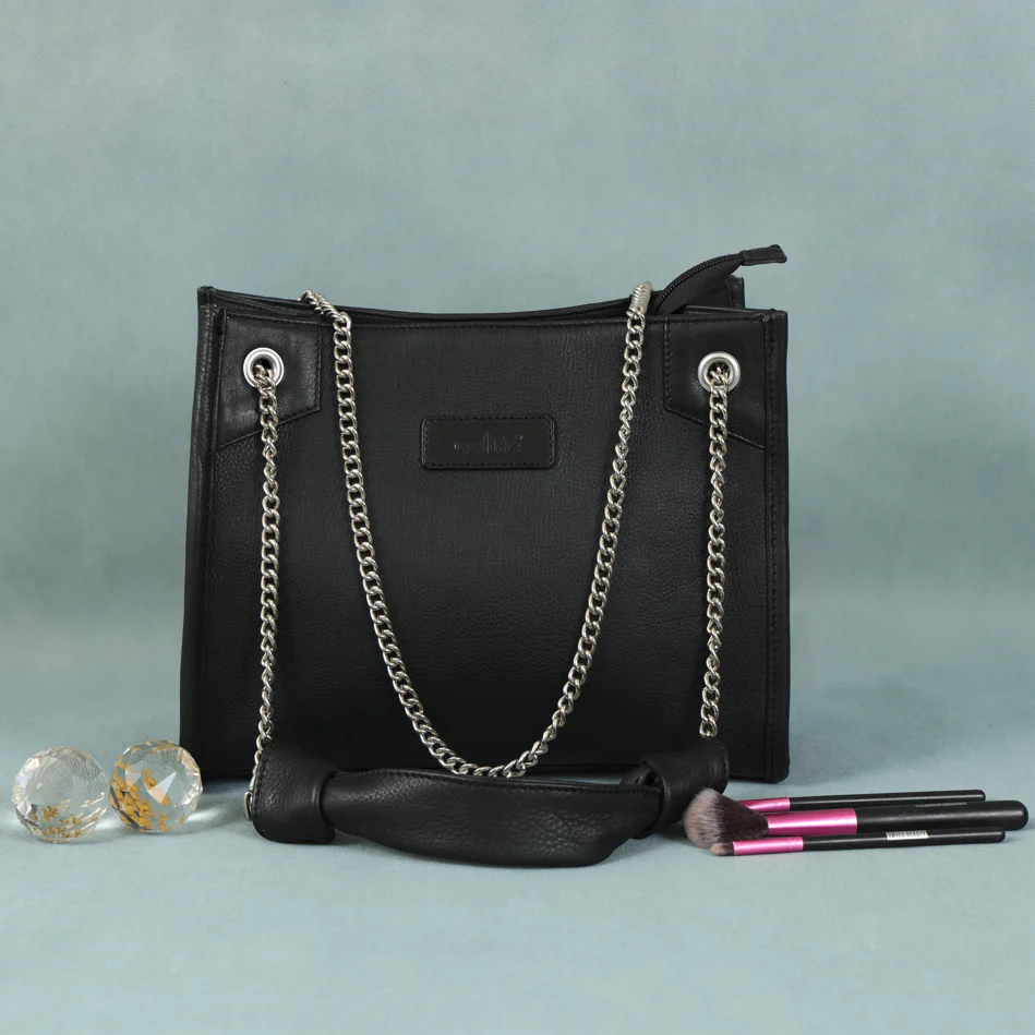 Premium Leather Chain Handle Tote Bag with Zipper Closure - Image 3