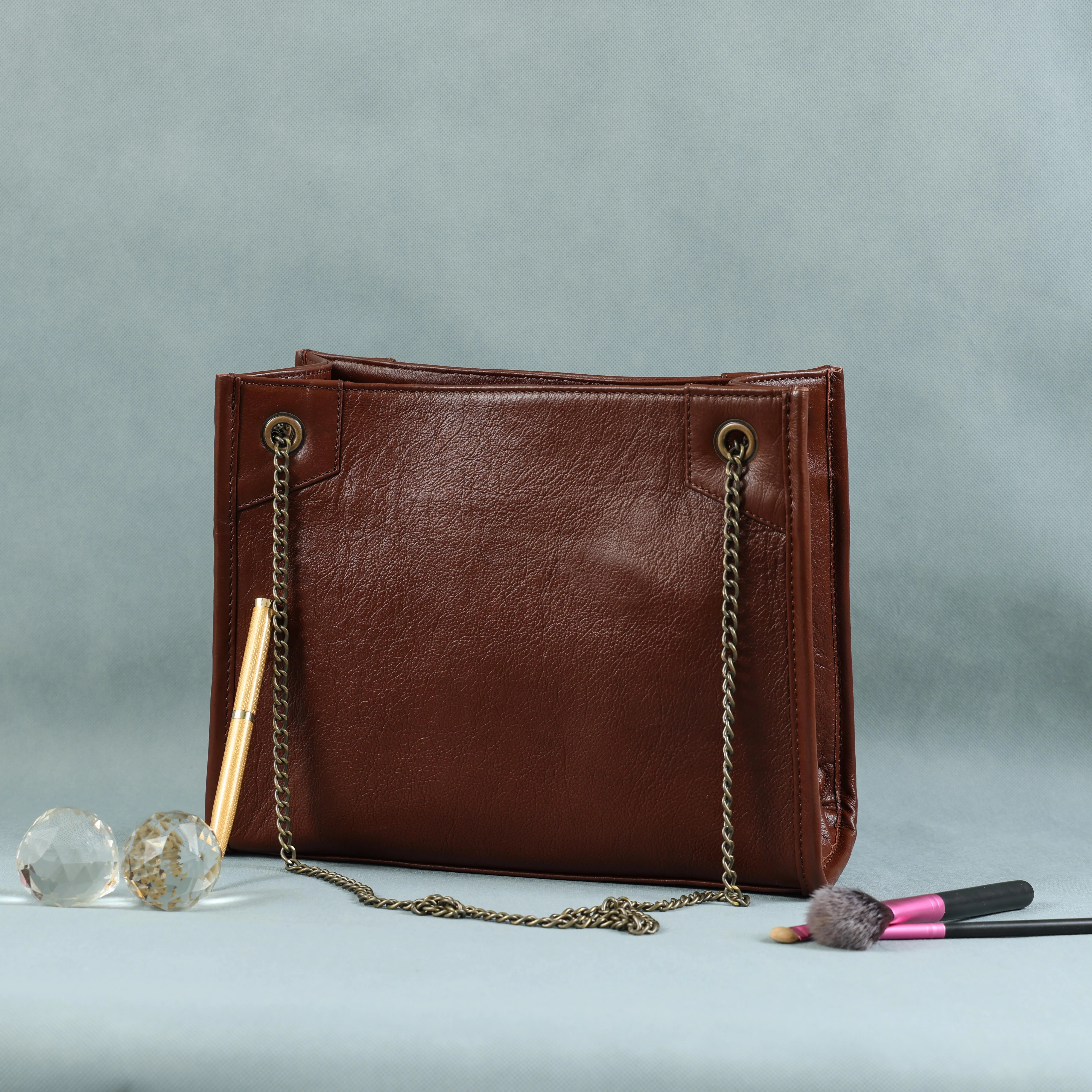 Premium Leather Chain Handle Tote Bag with Zipper Closure - Image 5