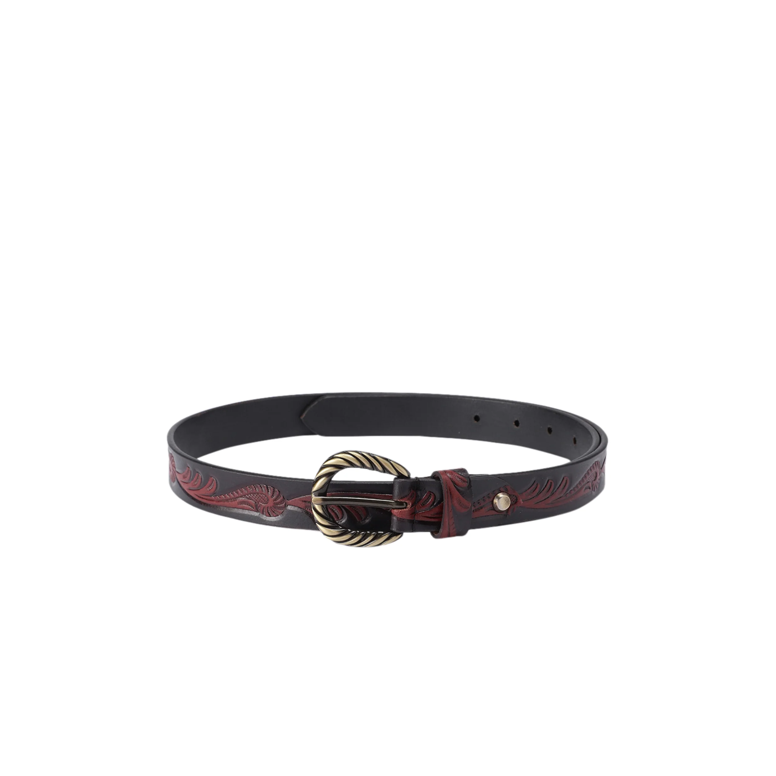 Premium Genuine Leather Black Red Embossed Western Waistbelt Twisted Brass Buckle - Image 2
