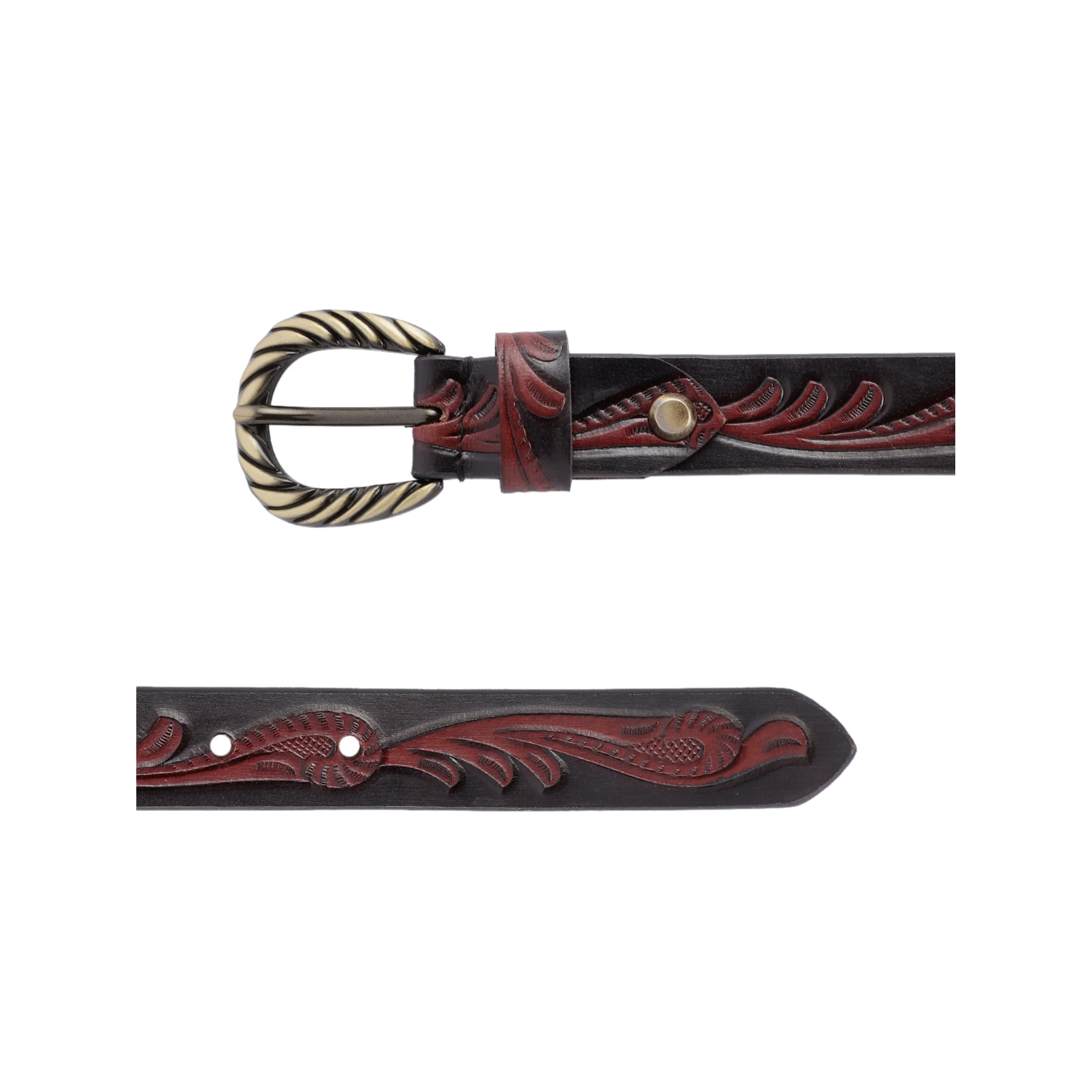 Premium Genuine Leather Black Red Embossed Western Waistbelt Twisted Brass Buckle - Image 5