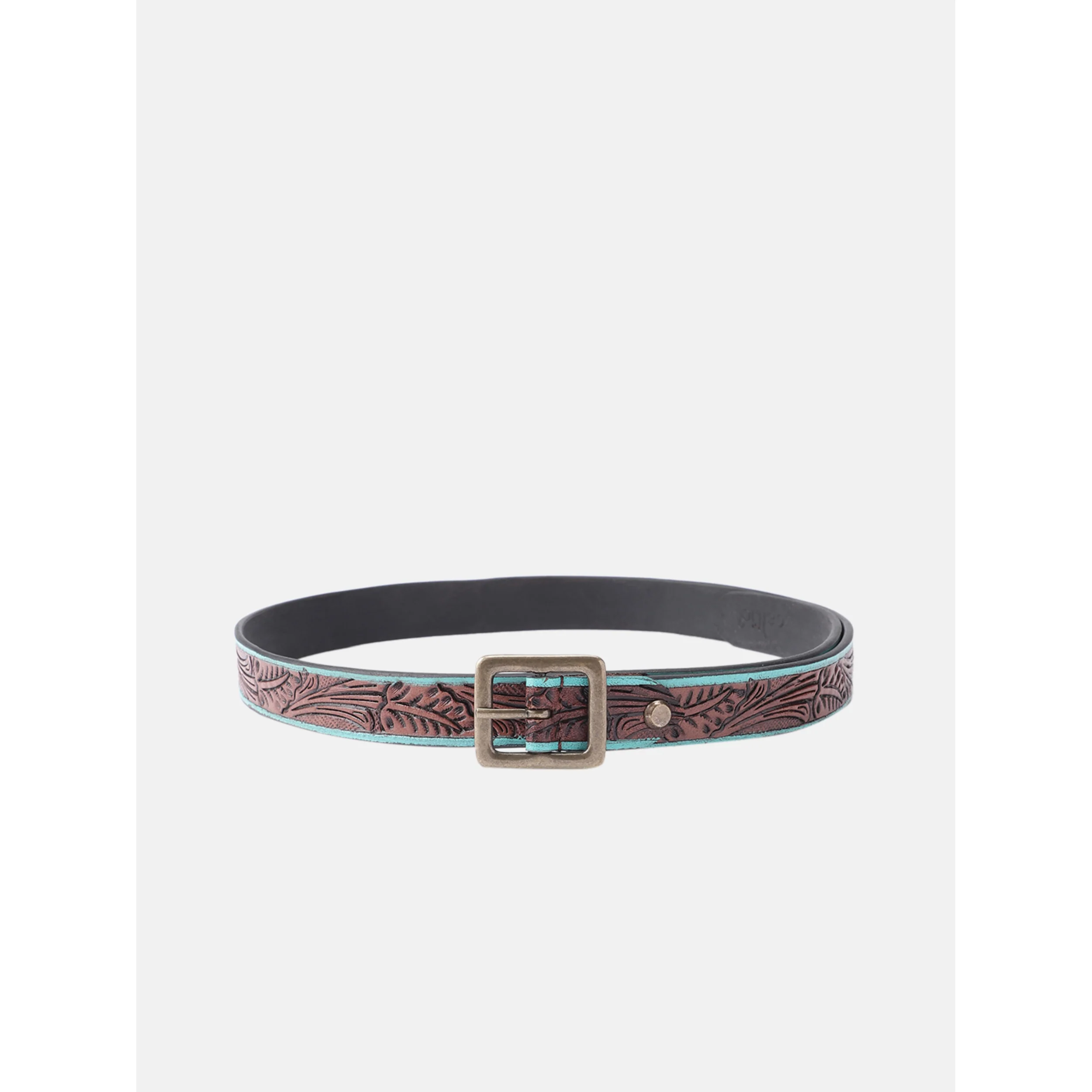 Unisex Genuine Leather Embossed Brown Turquoise Floral Western Waist Accessory Brass Buckle - Image 2