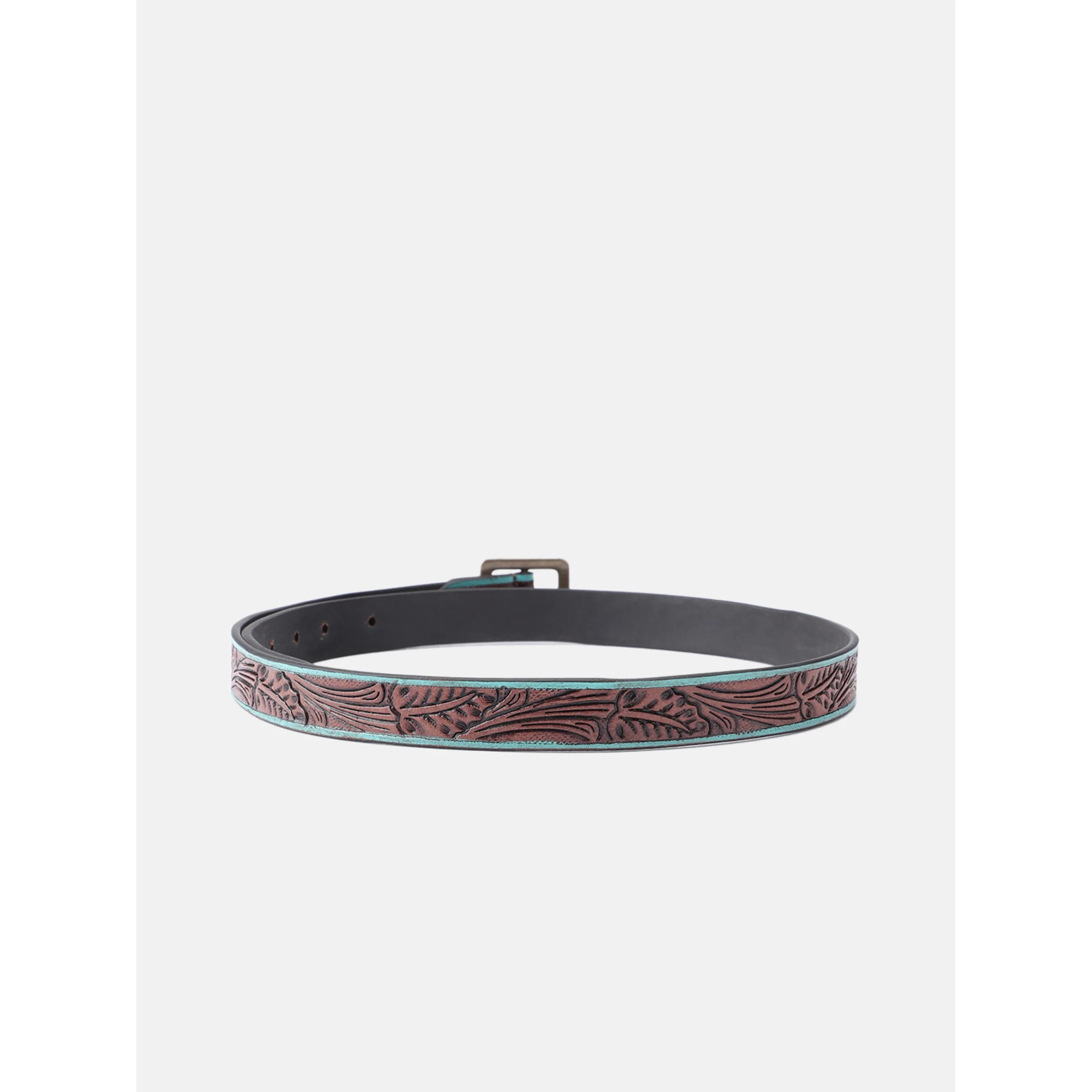 Unisex Genuine Leather Embossed Brown Turquoise Floral Western Waist Accessory Brass Buckle - Image 3