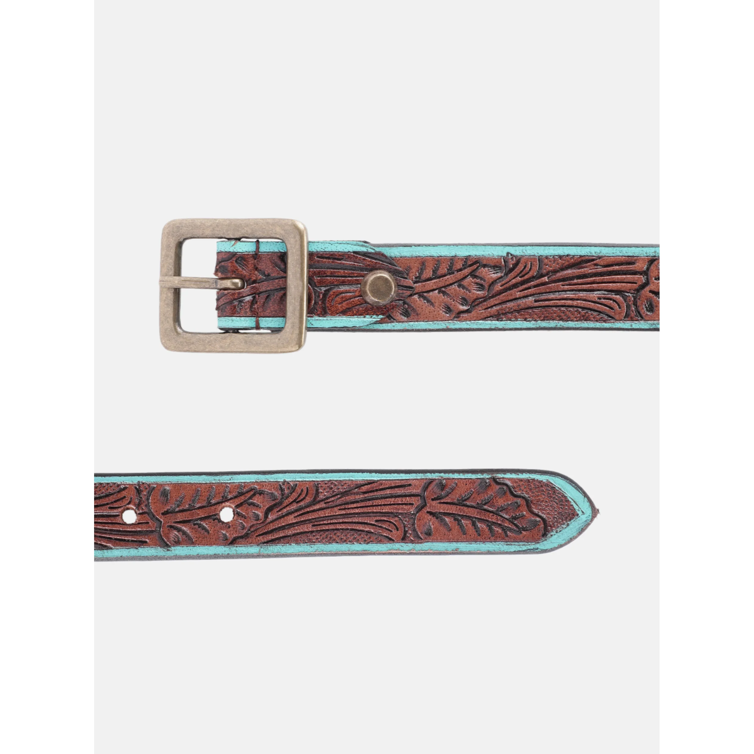 Unisex Genuine Leather Embossed Brown Turquoise Floral Western Waist Accessory Brass Buckle - Image 4