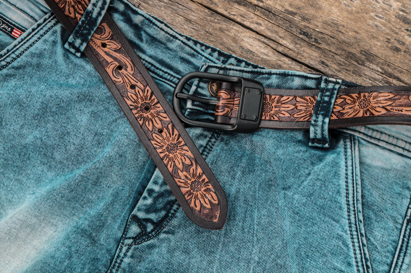 Unisex Genuine Leather Floral Embossed Brown Waist Accessory Matte Black Buckle