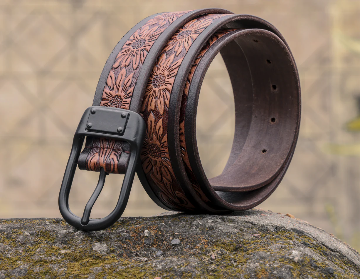 Unisex Genuine Leather Floral Embossed Brown Waist Accessory Matte Black Buckle - Image 2