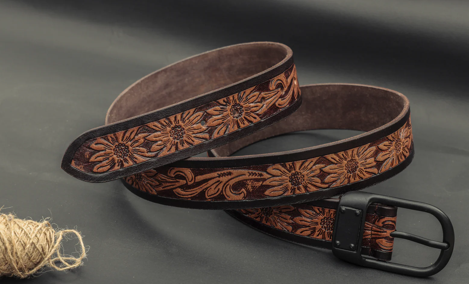 Unisex Genuine Leather Floral Embossed Brown Waist Accessory Matte Black Buckle - Image 4