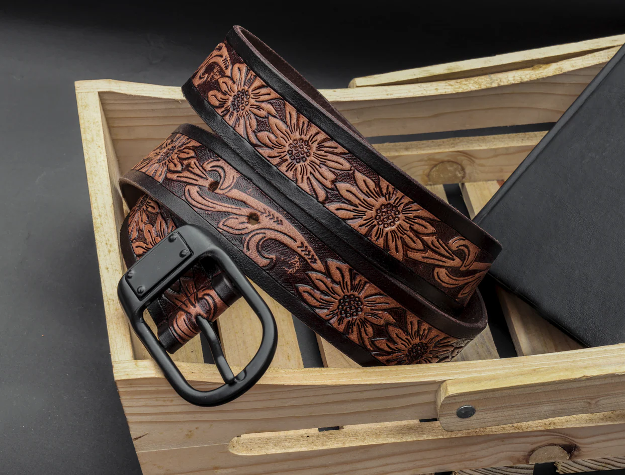 Unisex Genuine Leather Floral Embossed Brown Waist Accessory Matte Black Buckle - Image 6