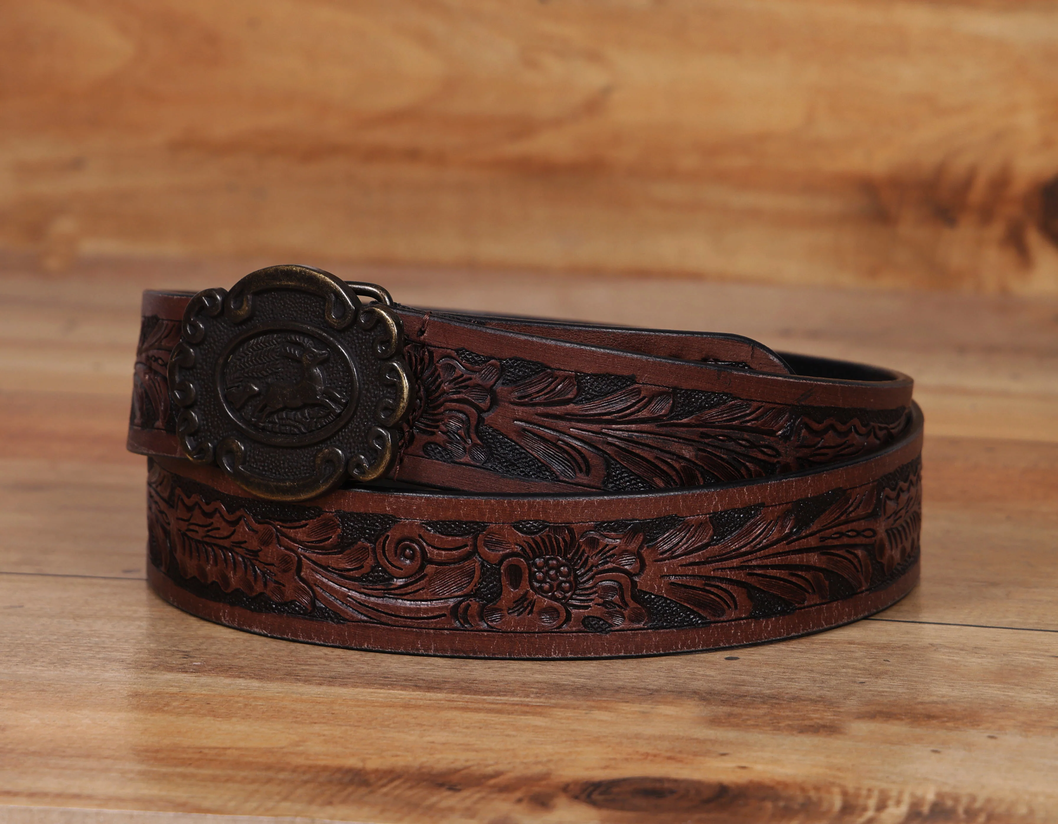 Men Genuine Leather Embossed Floral Brown Western Waist Accessory Antique Buckle