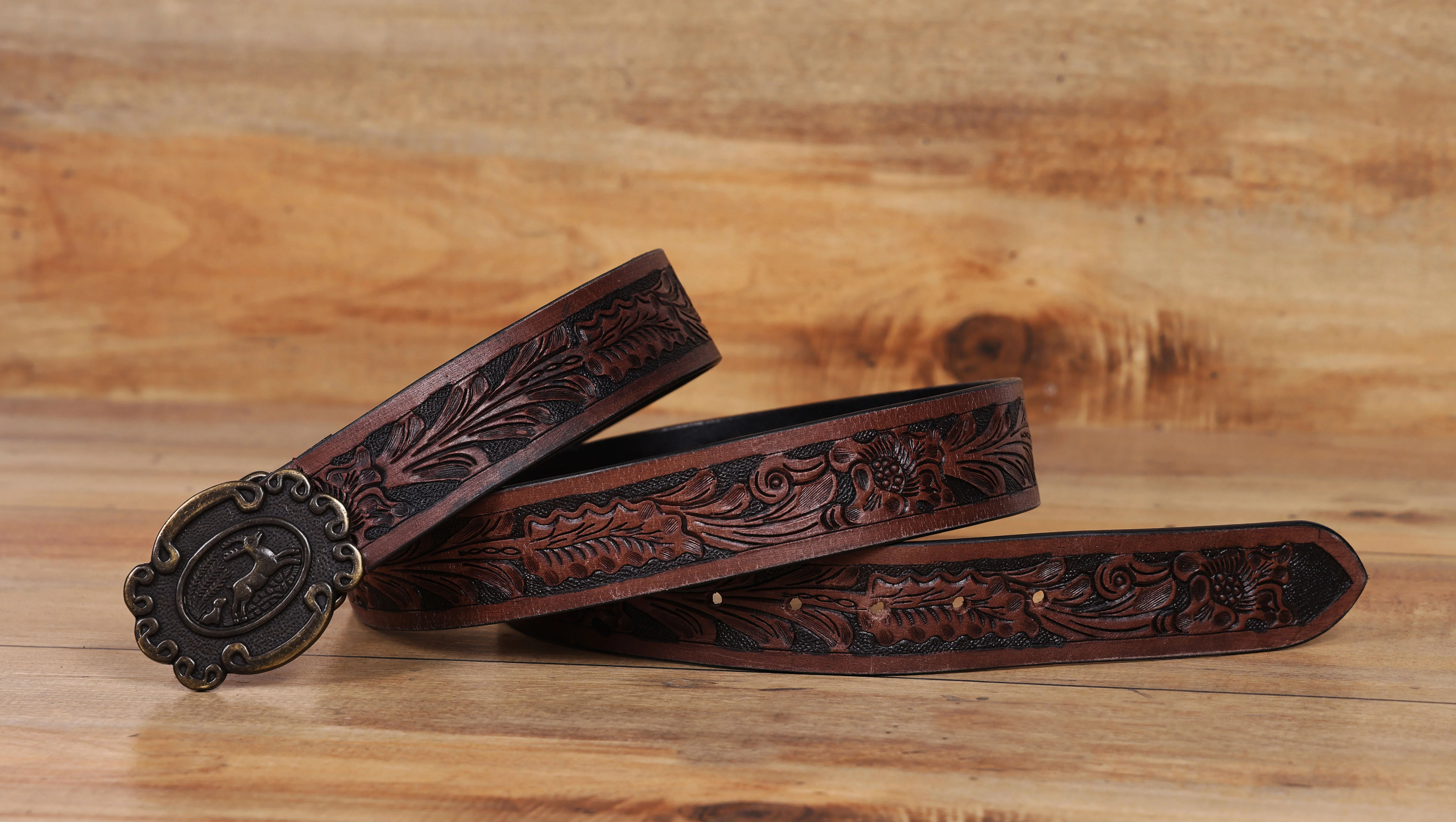Men Genuine Leather Embossed Floral Brown Western Waist Accessory Antique Buckle - Image 2