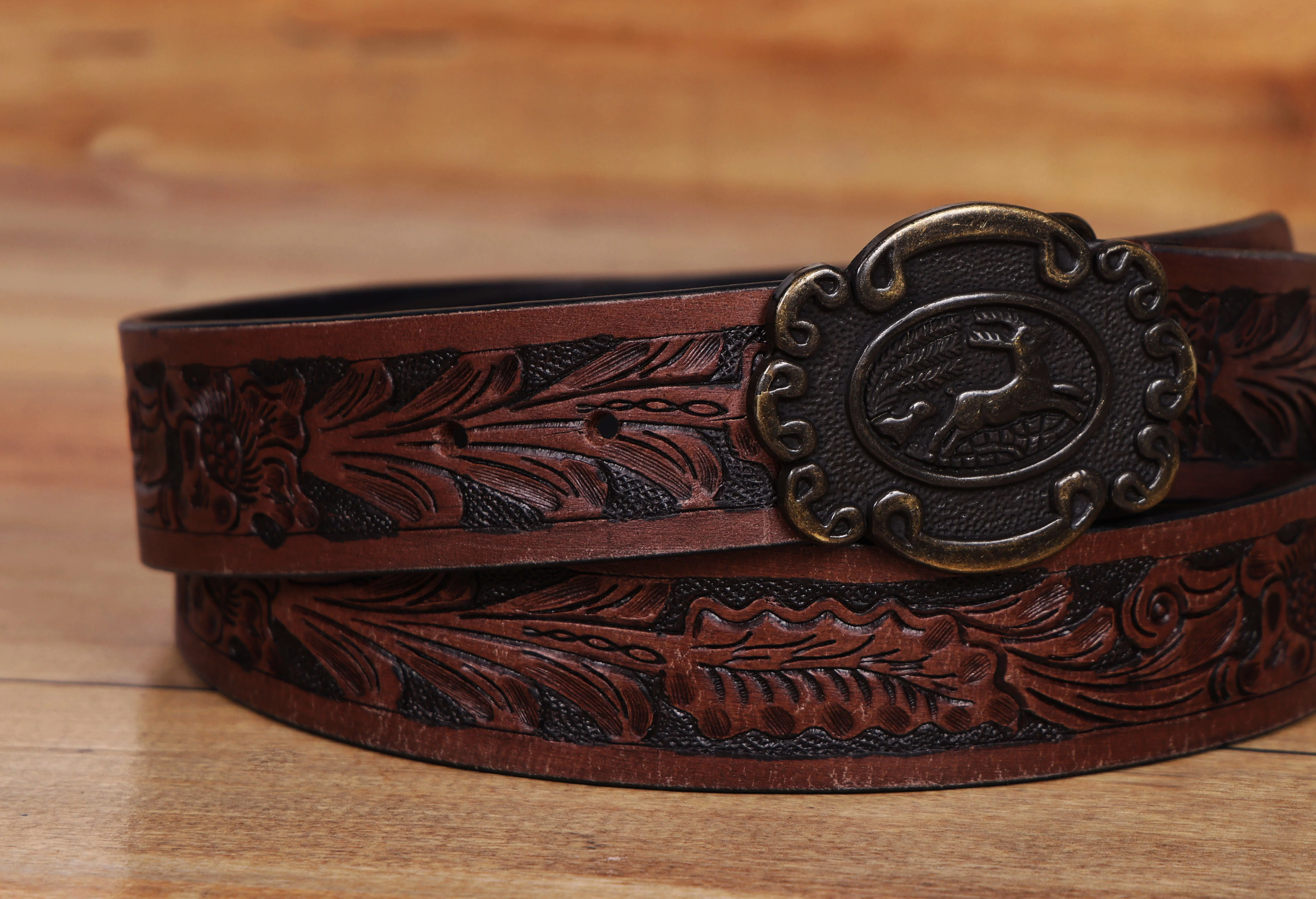 Men Genuine Leather Embossed Floral Brown Western Waist Accessory Antique Buckle - Image 3