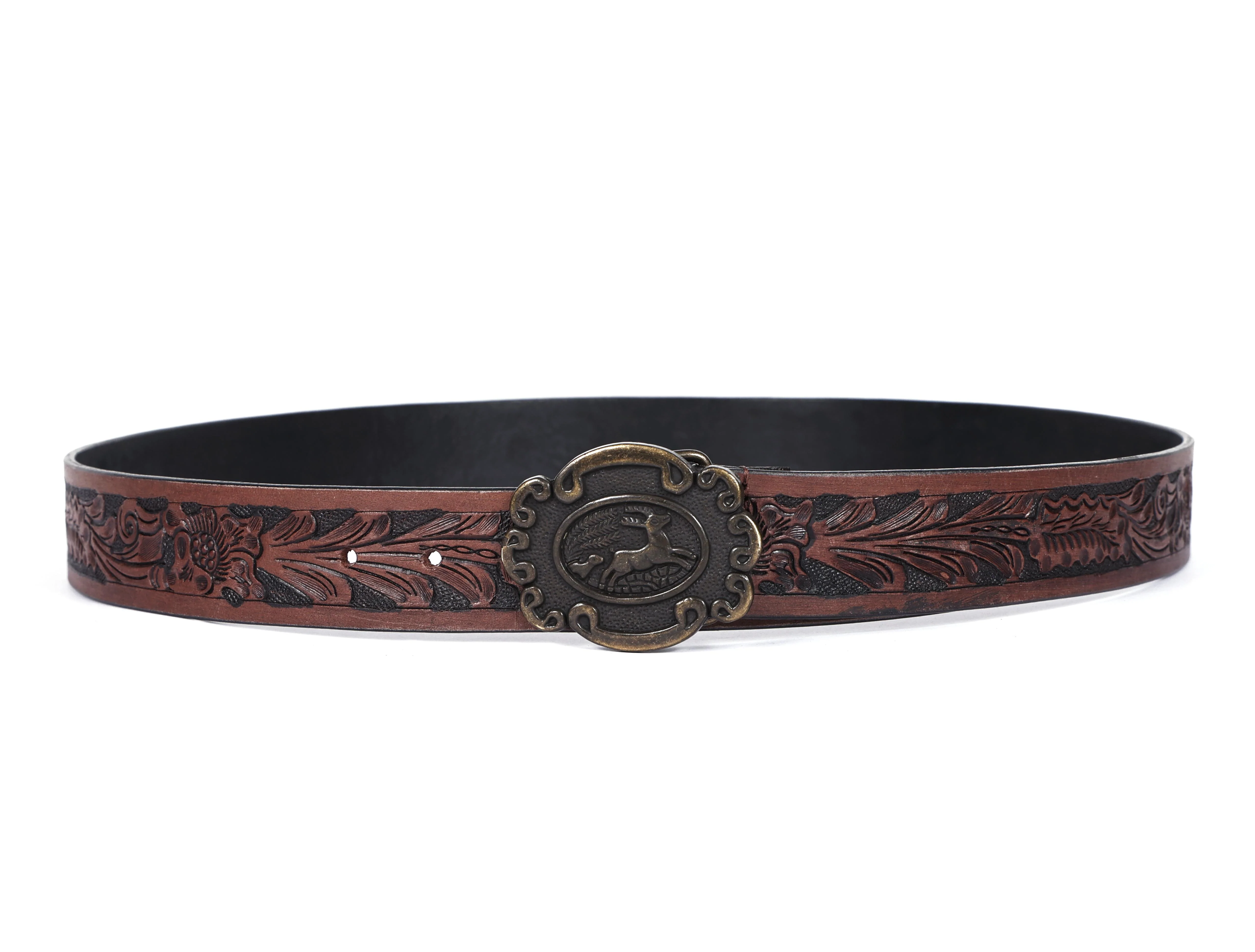 Men Genuine Leather Embossed Floral Brown Western Waist Accessory Antique Buckle - Image 4