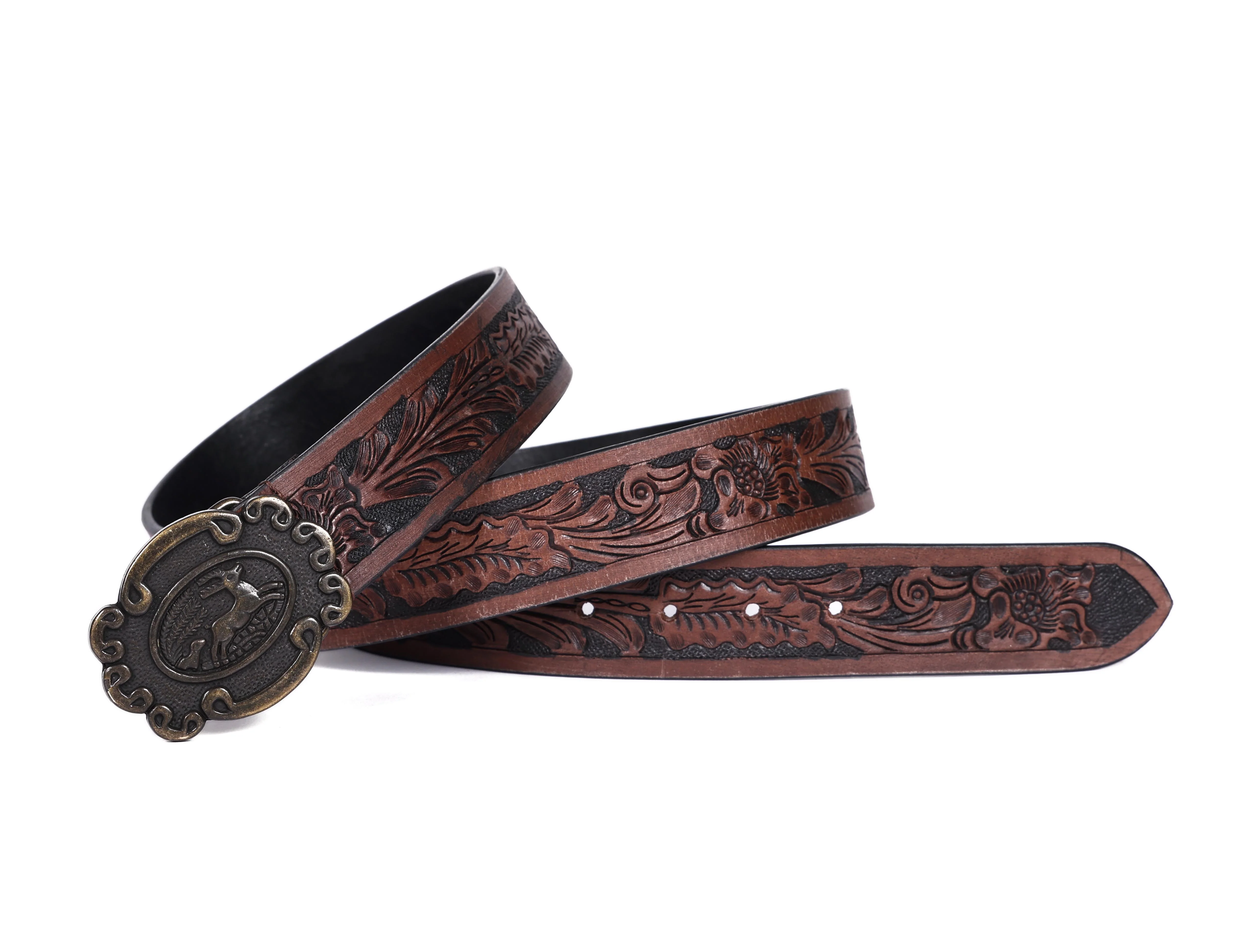 Men Genuine Leather Embossed Floral Brown Western Waist Accessory Antique Buckle - Image 5