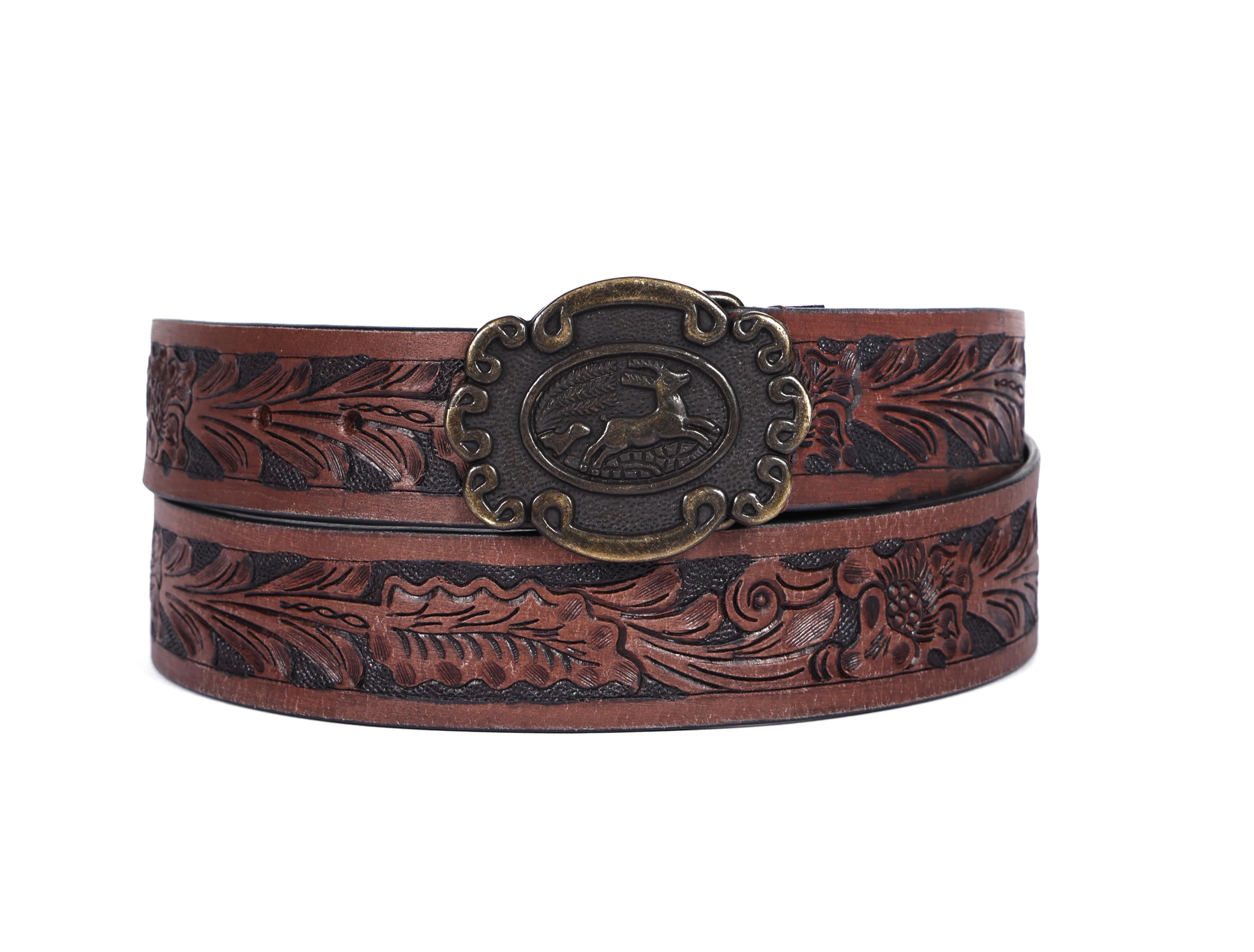 Men Genuine Leather Embossed Floral Brown Western Waist Accessory Antique Buckle - Image 6
