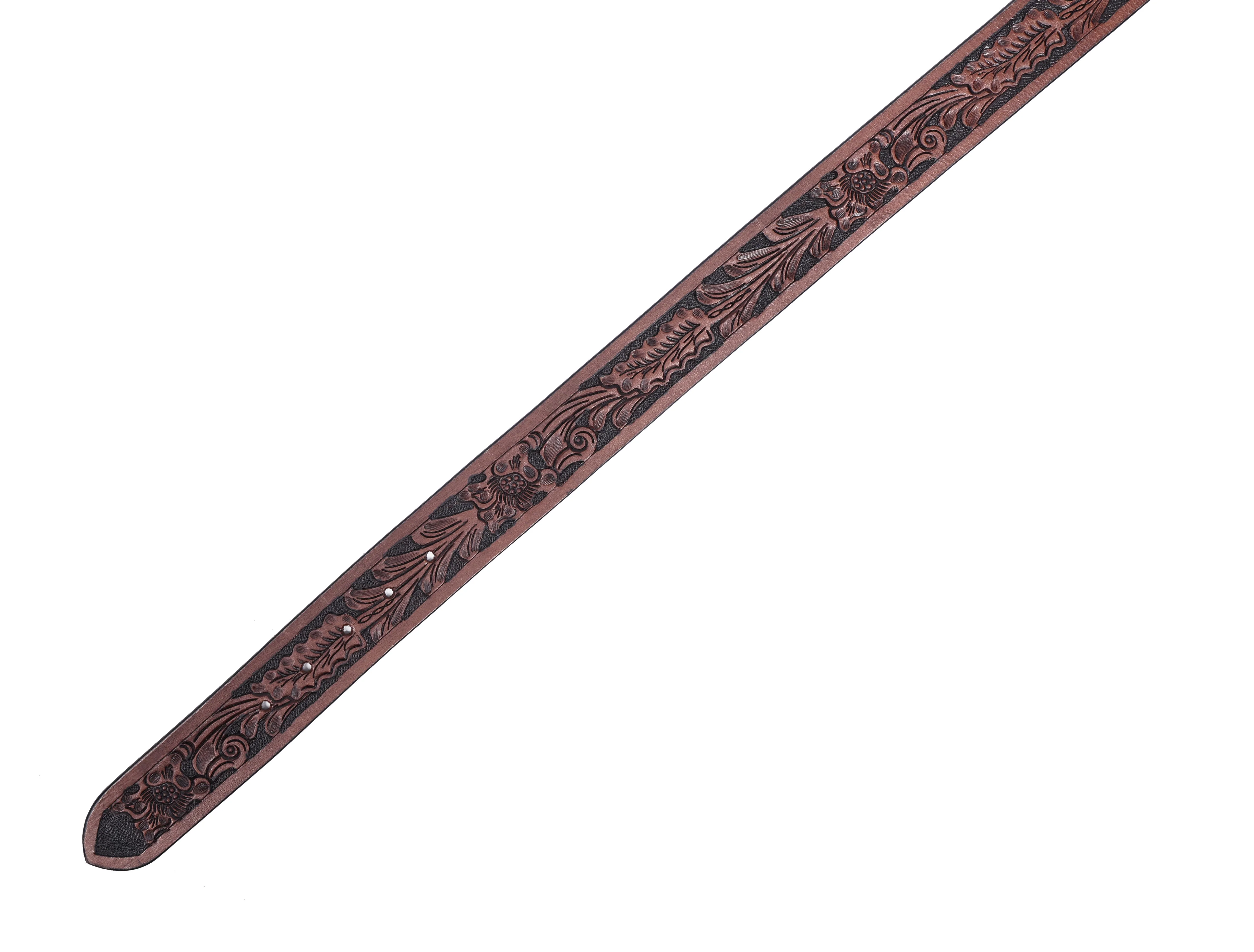 Men Genuine Leather Embossed Floral Brown Western Waist Accessory Antique Buckle - Image 7