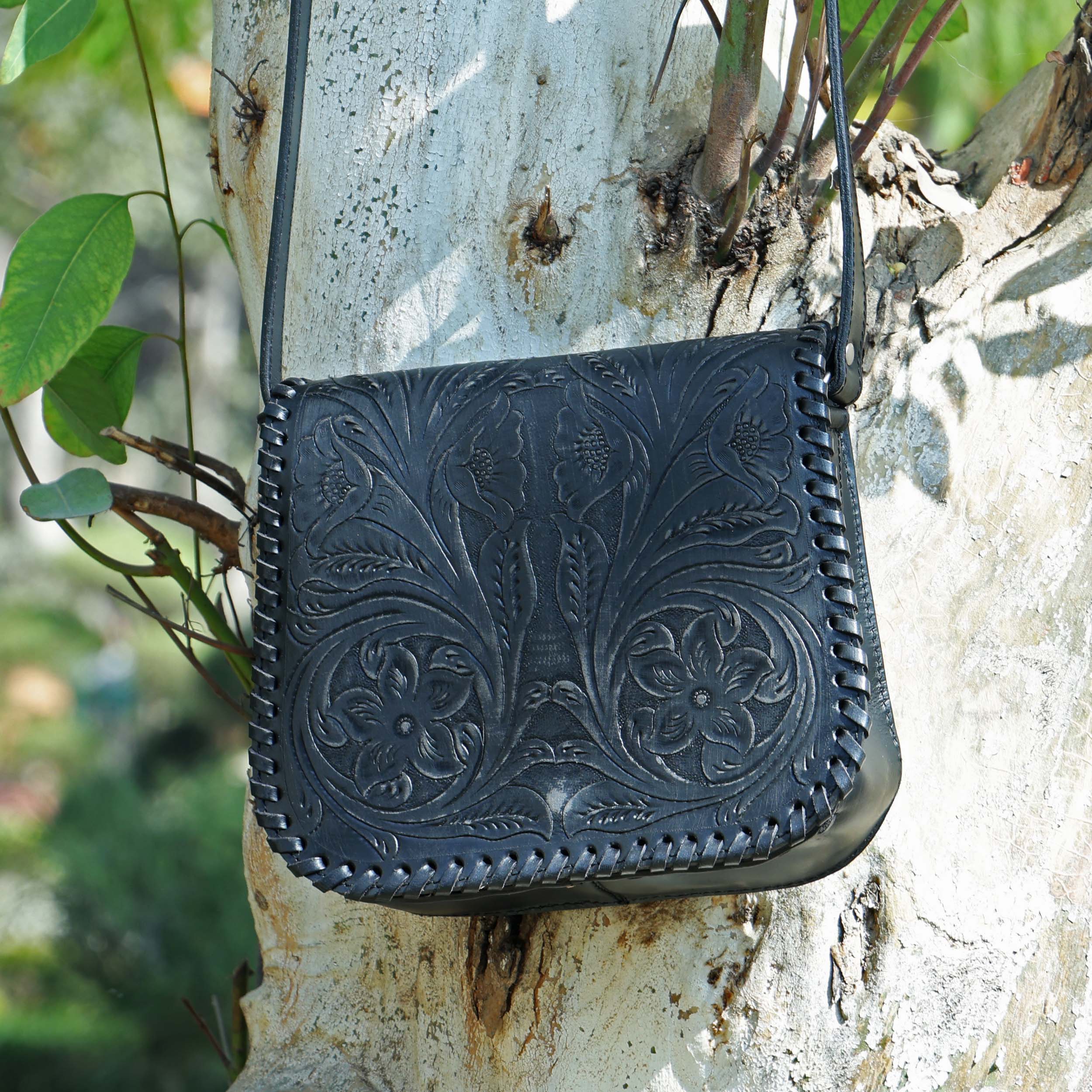 Handcrafted Black Embossed Leather Sling Bag with Magnetic Closure & Adjustable Strap - Image 10
