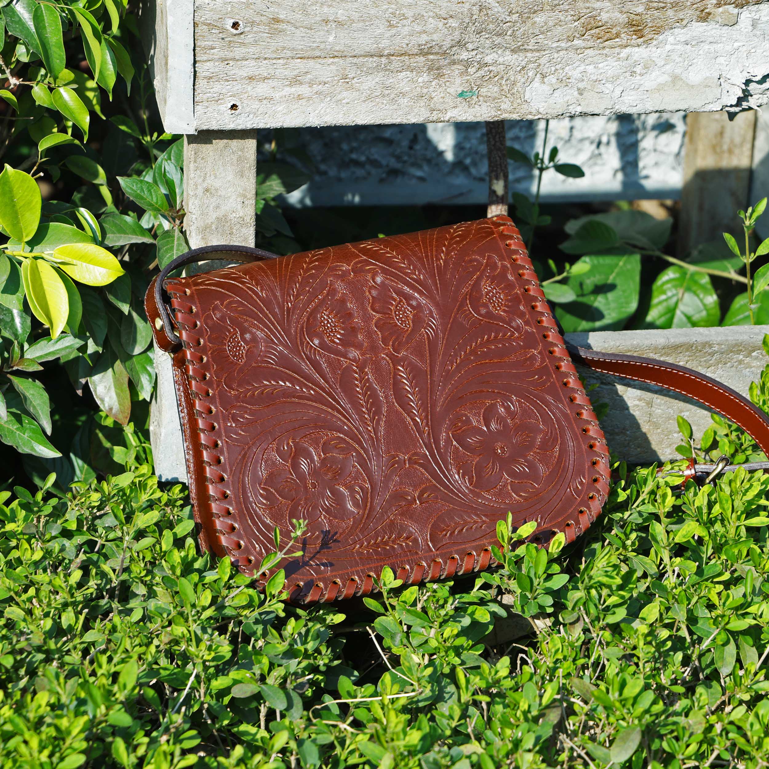 Handcrafted Black Embossed Leather Sling Bag with Magnetic Closure & Adjustable Strap - Image 11
