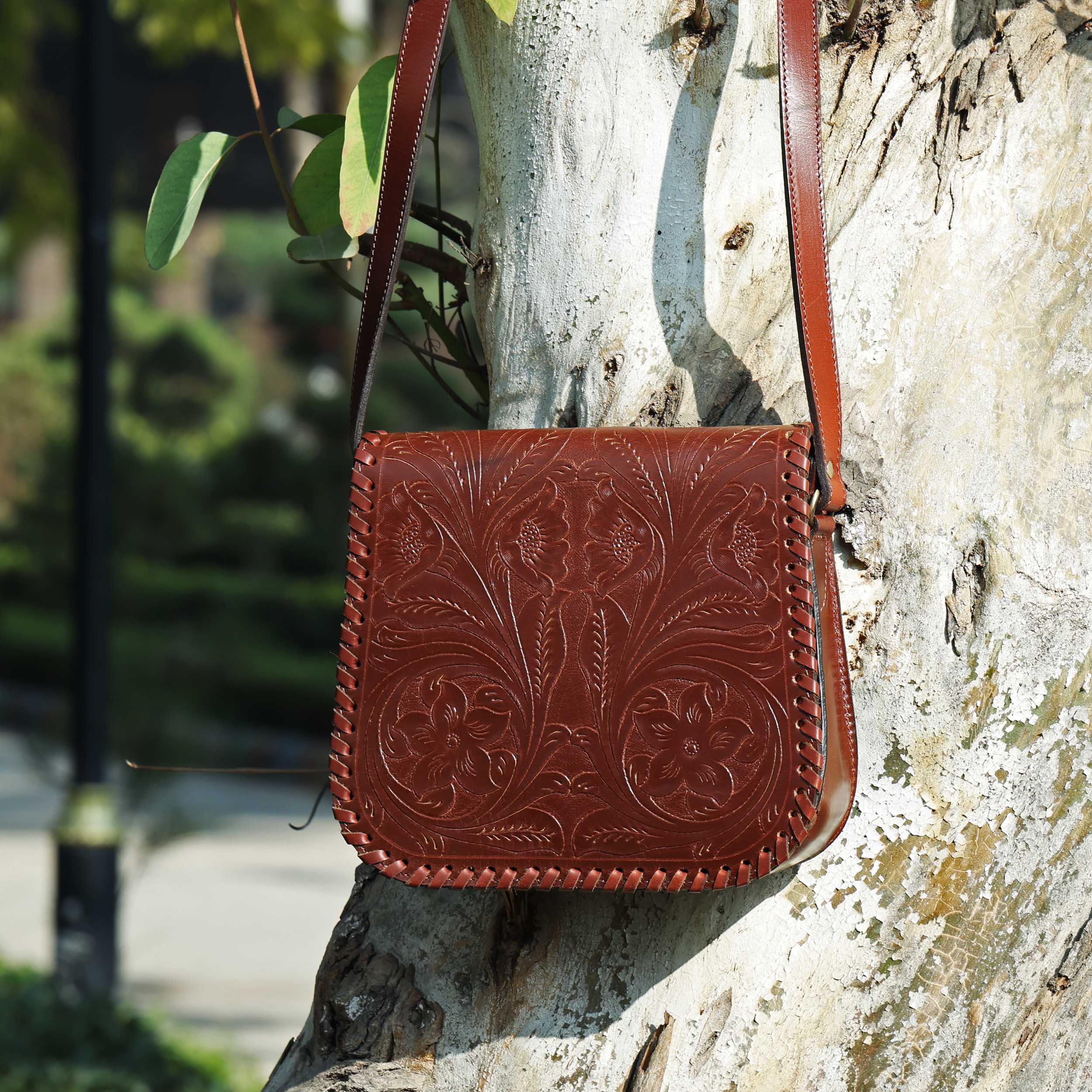 Handcrafted Black Embossed Leather Sling Bag with Magnetic Closure & Adjustable Strap - Image 12