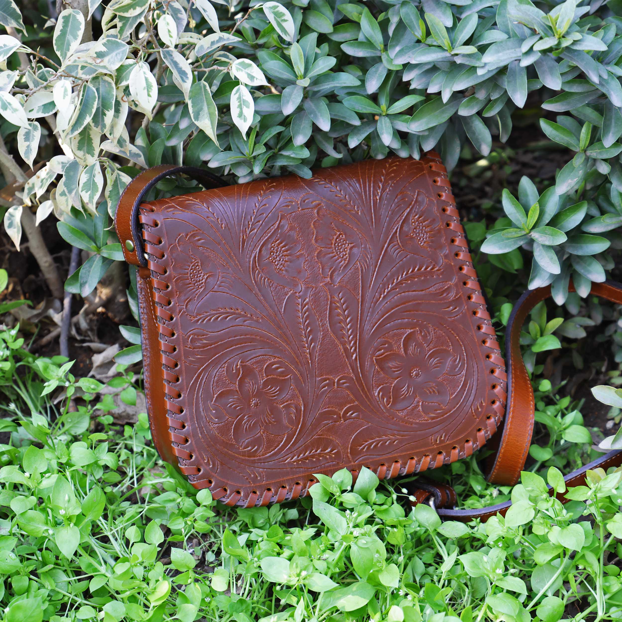 Handcrafted Black Embossed Leather Sling Bag with Magnetic Closure & Adjustable Strap - Image 13